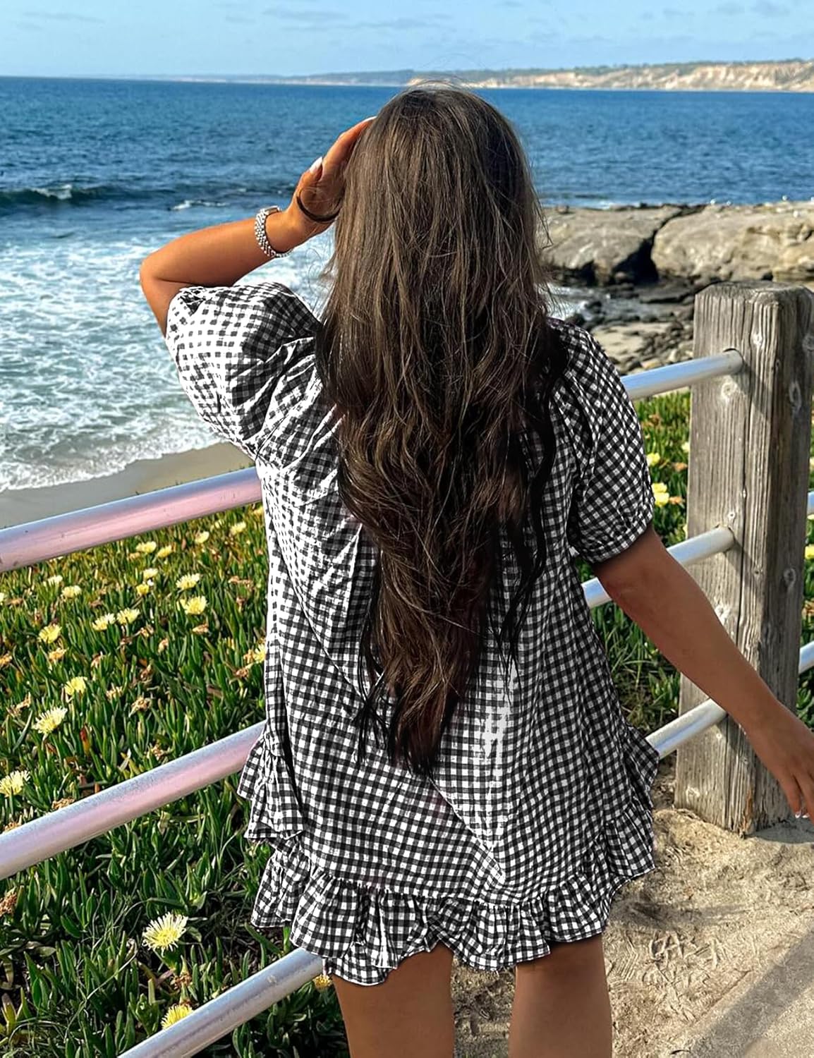 Yimoon Womens Gingham Pajamas Set Plaid Cotton Pj Set Puff Sleeve Ruffle Babydoll Shirt Shorts Summer 2 Piece Outfits - Image 4