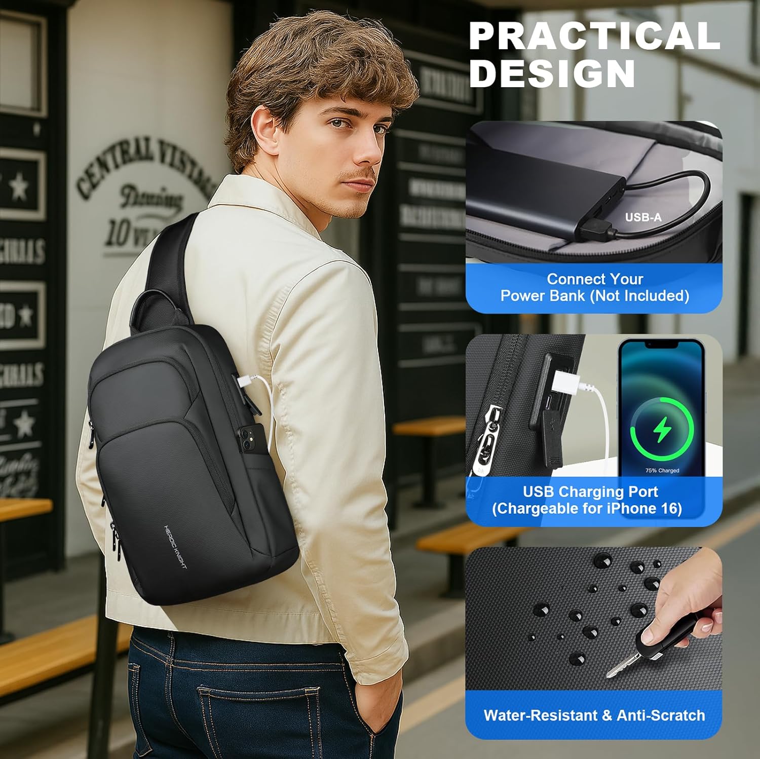 hk Sling Bag for Men with water bottles – Lightweight Waterproof Crossbody Bag with Tablet Pocket, Small Anti Theft Shoulder Bag with USB Charging Port for Daily Commute and Travel - Image 4