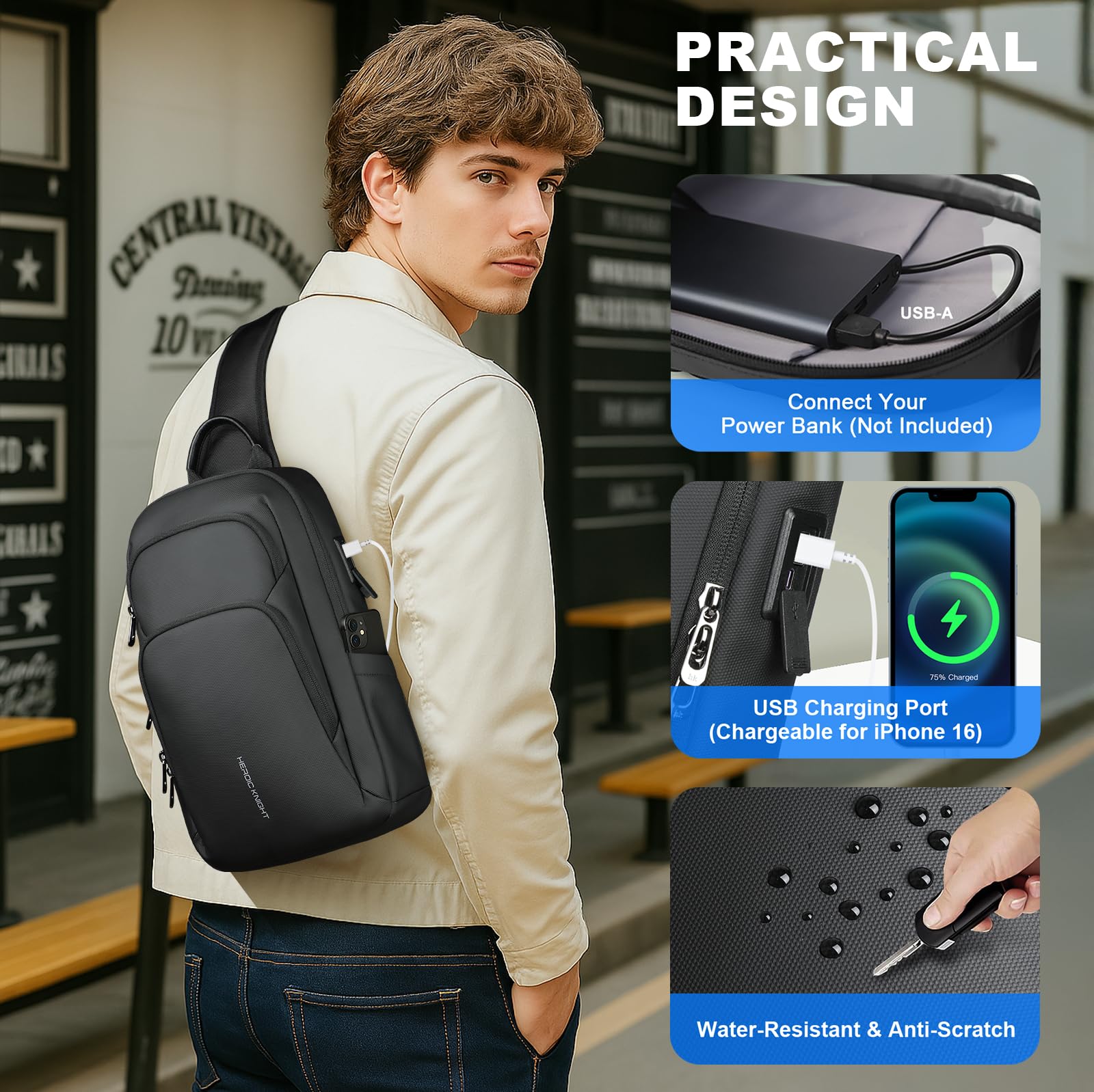 hk Sacoche Homme Bandouliere avec Port de Charge USB Imperméable Sac de Poitrine avec Pochette Latérale Léger Sac à Bandoulière pour iPad 11,3" Antivol pour Voyage Travail Loisirs