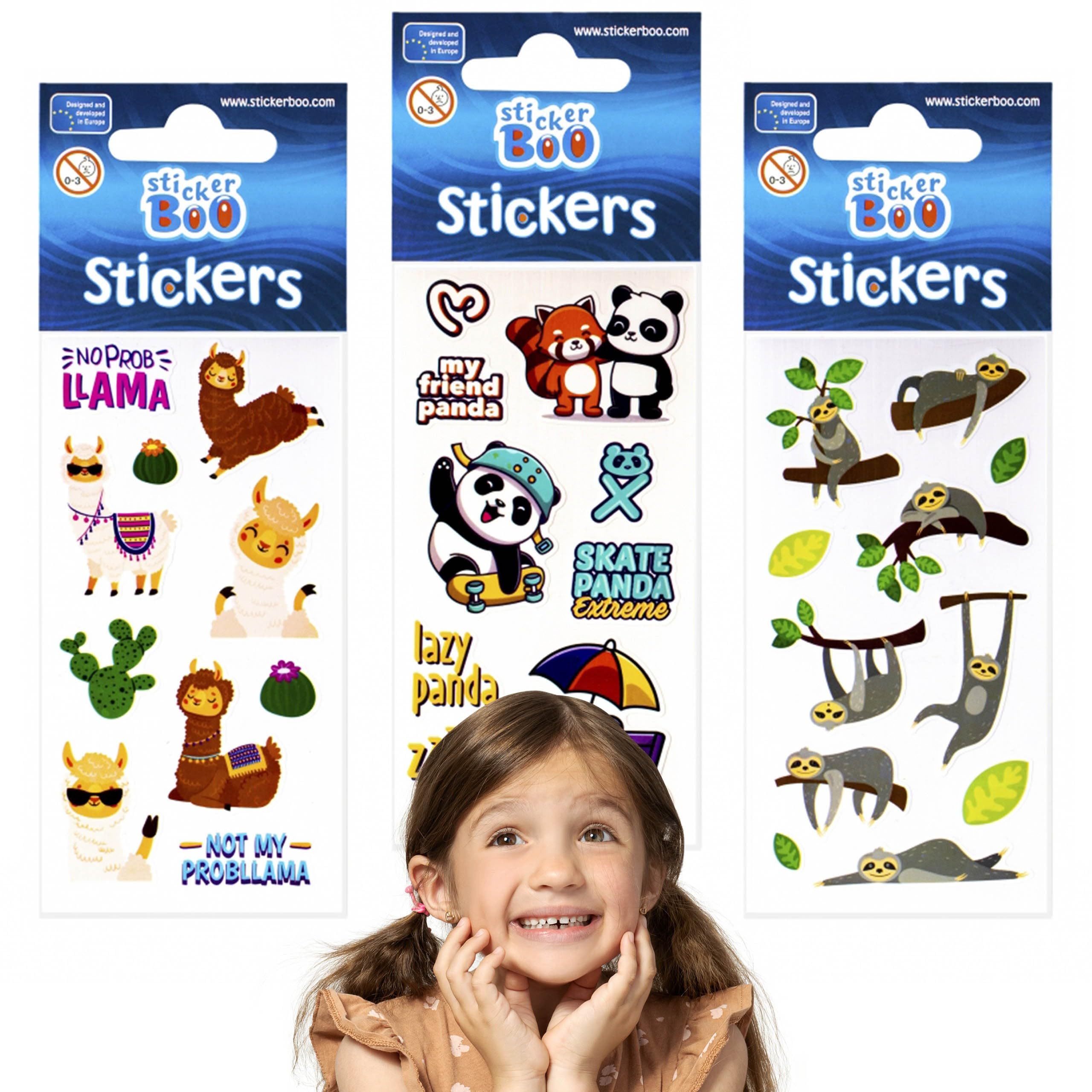 Set of Fun Stickers for Kids, Panda, Llama, Sloth Stickers