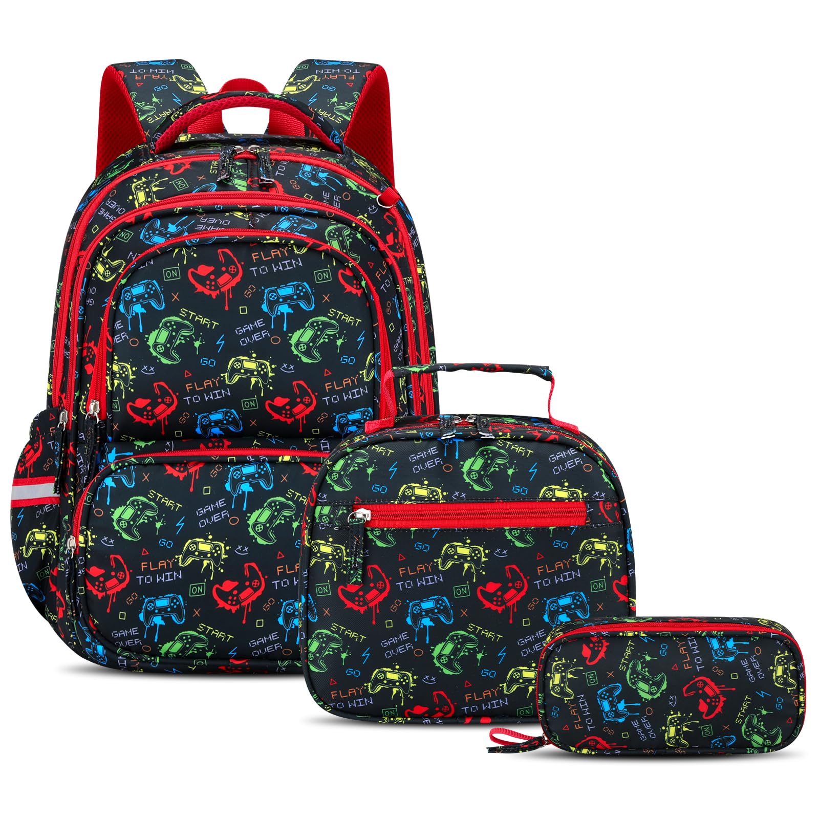 Amythe Set 3 pièces Cartable Garçon dès 1ère année Réflecteurs | Sac à dos Enfant Sac Repas Trousse Primaire Garçon 6-10 ans Imperméable Sangle 25L