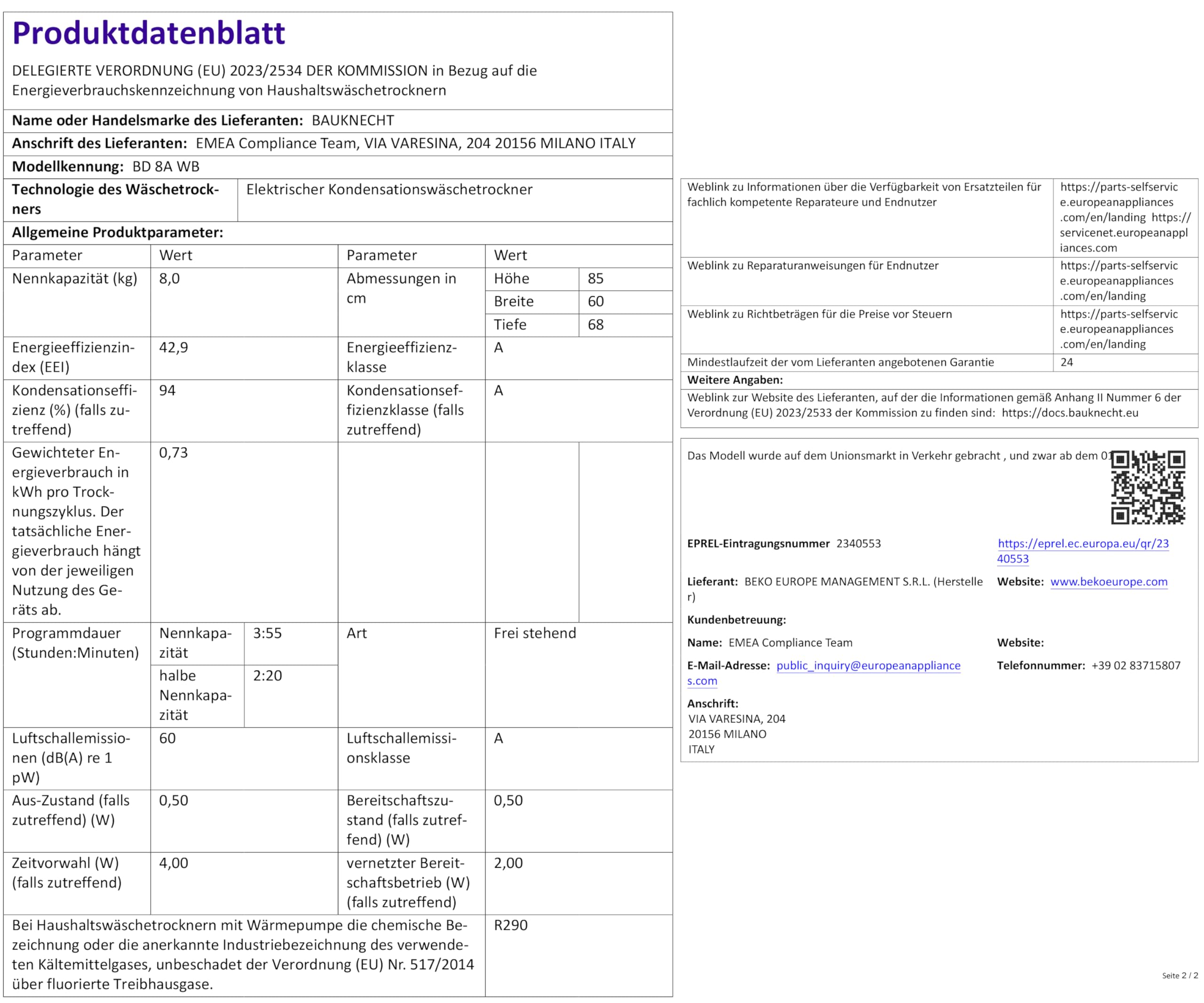 Bauknecht BD 8A WB Wärmepumpentrockner, 8 kg, IronEase - Bügelfrei, A-Noise – besonders leise, Precision Dry, Adaptive Dry, HomeWhiz App, Sport-Programm, Steam Therapy, Weiß