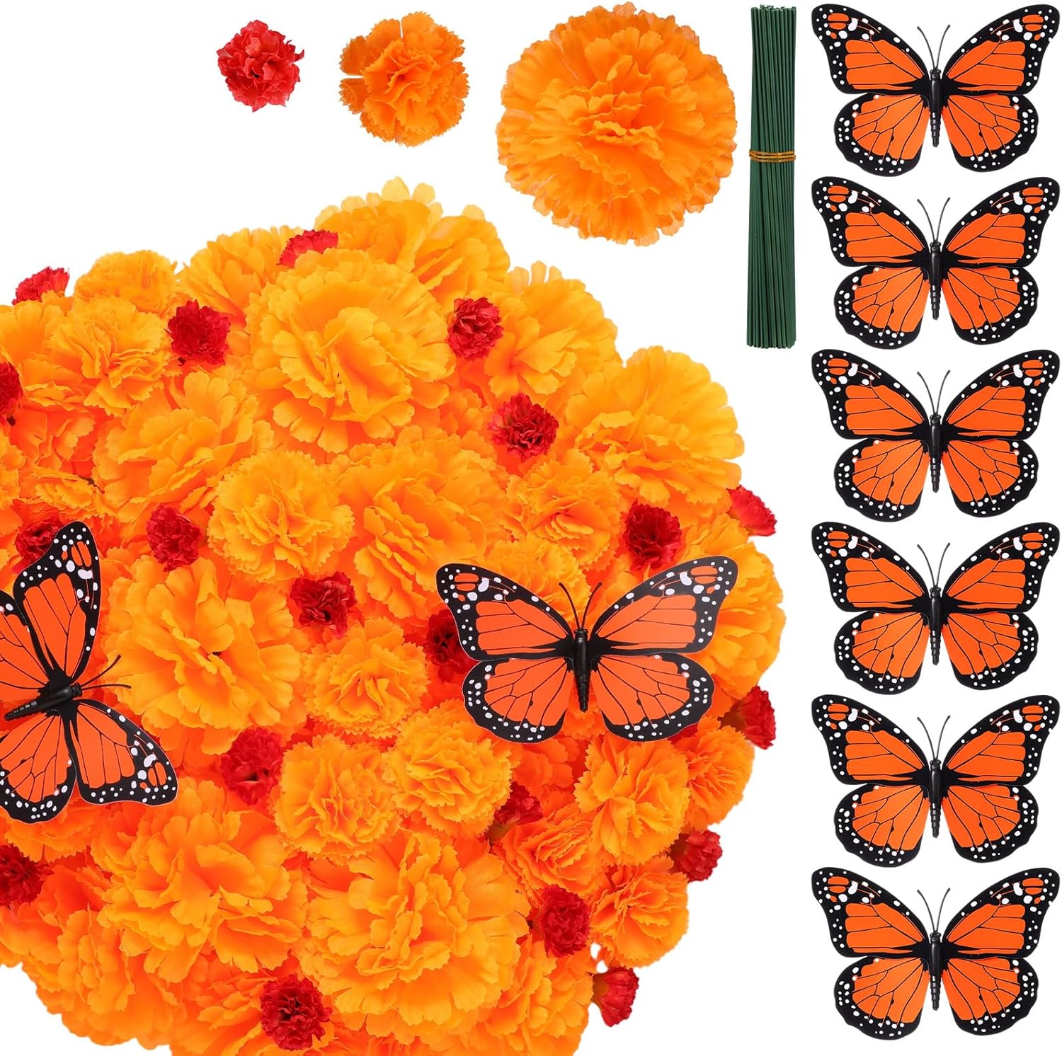 Thiccywoov 90 Pcs Marigolds Artificial Flowers Heads Bulk Mexican Party Decorations 4.72'' Artificial Butterfly 1.2'' 2'' 3.5'' Silk Marigold Flowers for DIY Party Garland (Red,Orange)