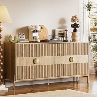 Nidouillet Fluted 4-Door Storage Cabinet TV Stand Sideboard Buffet, Adjustable Shelves Metal Braces Natural Oak
