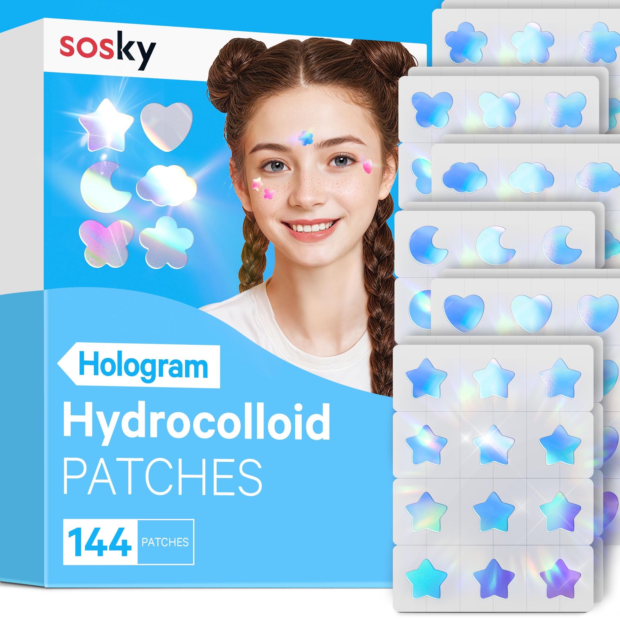 Sosky Hologram Pimple Patches for Face Hydrocolloid Acne Patches with Salicylic Acid Cute Star Zit Stickers Colorful Blemish