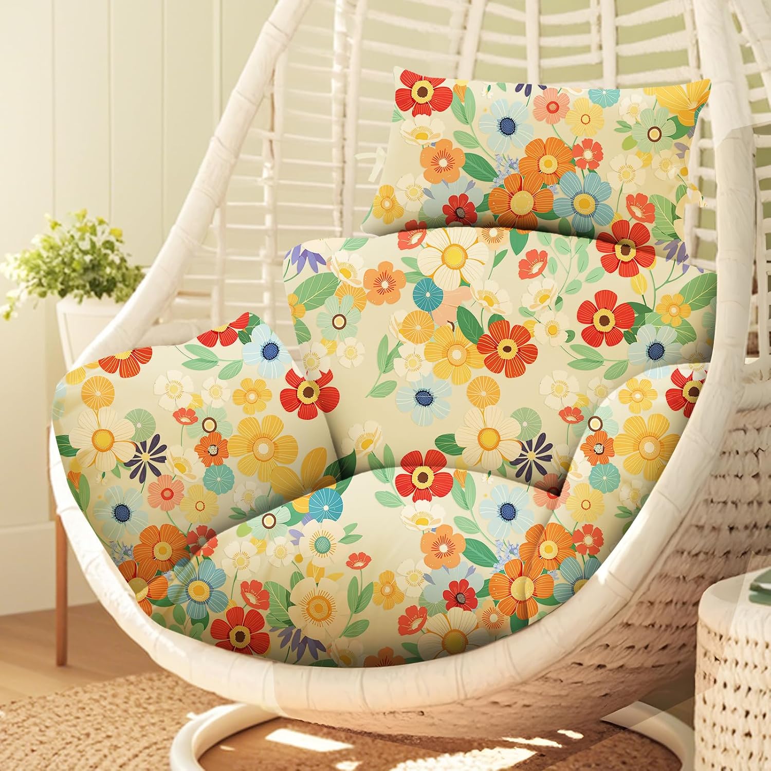 Waterproof Egg Chair Cushion Replacement 47x31.5x4.7 inch Thicken Hanging Egg Swing Chair Cushion Indoor Outdoor Wicker Rattan Hammock Basket Cushion with Headrest Pillow, Daisy