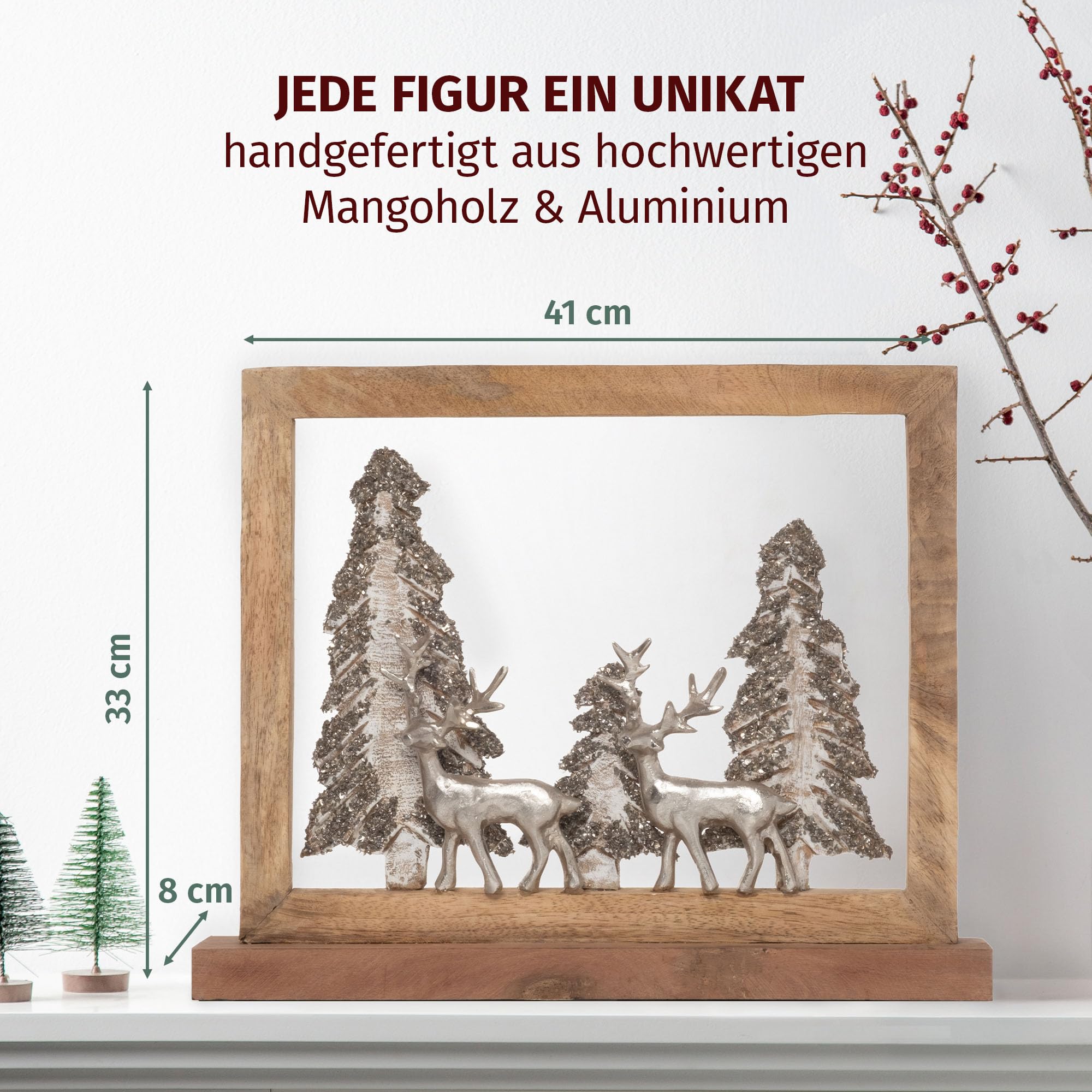 Moritz Dekoracja bożonarodzeniowa z jeleniem z drewna mango i aluminium, 41 x 8 x 33 cm, figurka dekoracyjna 3D w drewnianej ramie, zimowa dekoracja stołu z błyszczącymi drzewkami, szlachetne