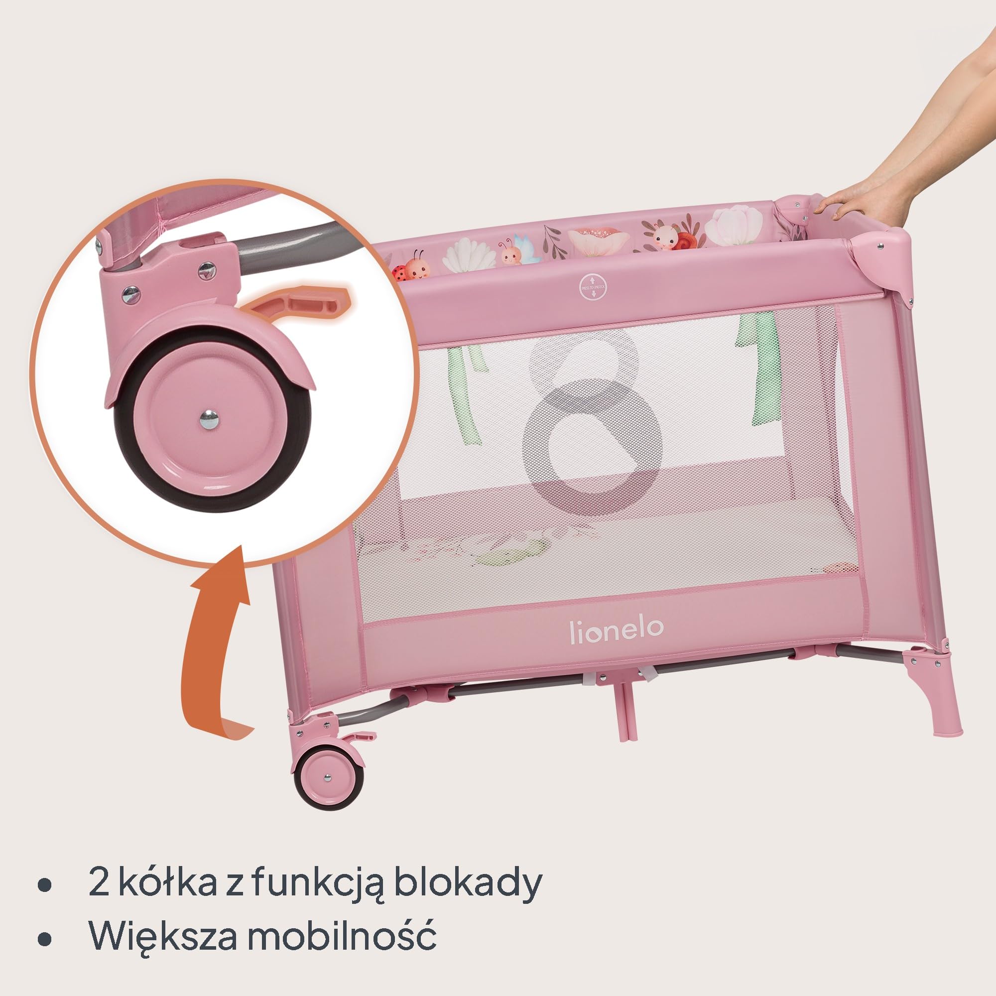 LIONELO Kojec dziecięcy MILLE PLUS do 15 kg 0-36 miesięcy, Boczne Wejście, Materac 3D, 2 Koła z Hamulcem Łatwe Składanie, Torba Transportowa