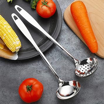 Soup Spoon Stainless Steel Heavy Duty Big Soup Ladle Colander Serving Spoon with Attractive Mirror Finish, Perfect for Hotpot Stirring, Serving Soup, Deep Wide Enough 2PCS (Soup Spoons - 12)