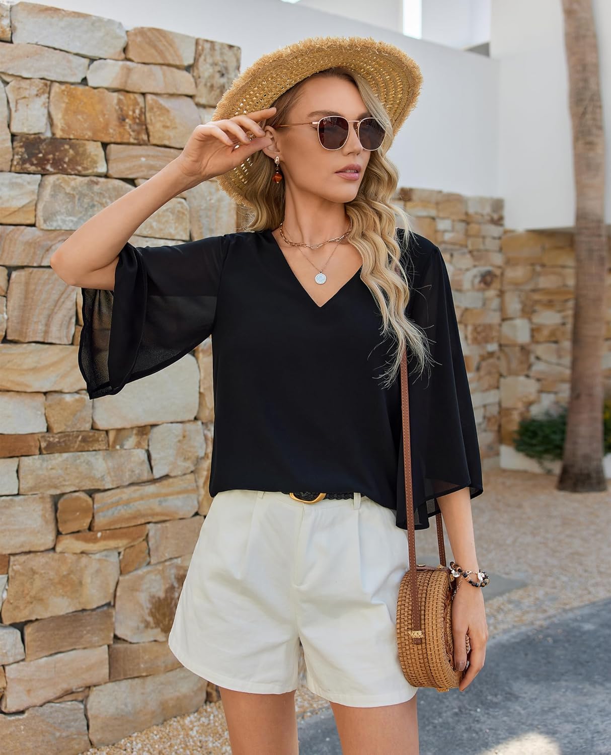 siliteelon Women Dressy Casual Blouse Ruffle 3/4 Bell Sleeve Tops V Neck Office Work Chiffon Shirt Spring 2026 Trendy