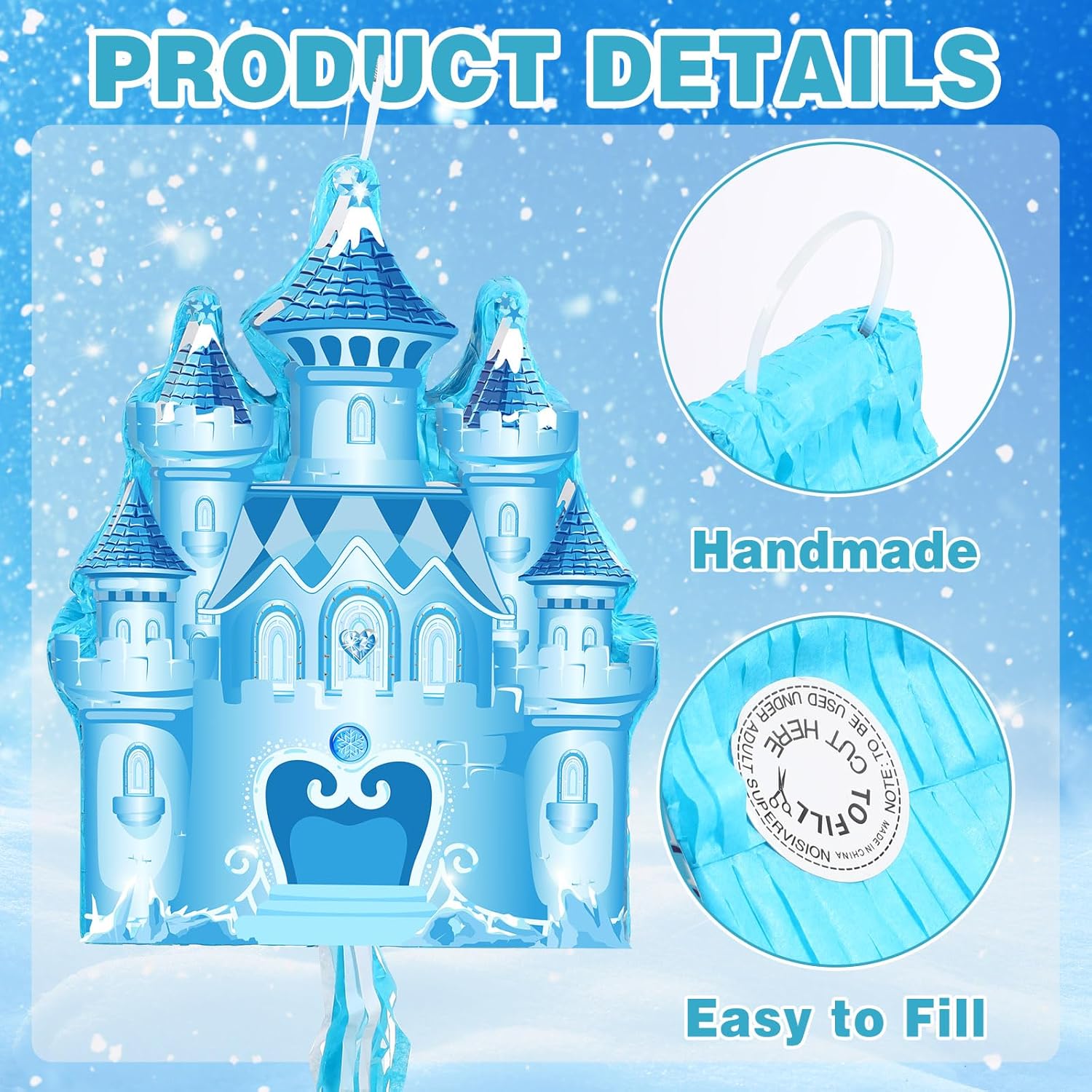 Winter Piñata Wonderland Themed Piñata with Blindfold Bat for Winter Princess Birthday Party Christmas Theme Supplies Decorations(Blue,Castle)