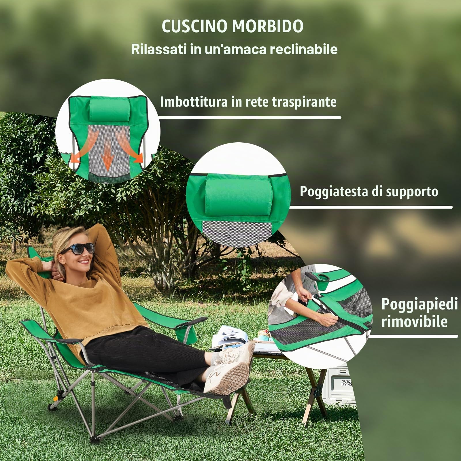 VEVOR Sedia da Campeggio Reclinabile, Carico di 149,69 kg Sedia da Campeggio Portatile Pieghevole a 4 Posizioni, con Poggiapiedi, Portabicchieri, Tasca Laterale e Poggiatesta, per Campeggio, Verde