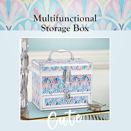 Miniatura 7 de Hododou Joyero organizador para niñas con cajón y espejo, estilo cola de sirena, estuche de almacenamiento con cerradura para niños o niñas