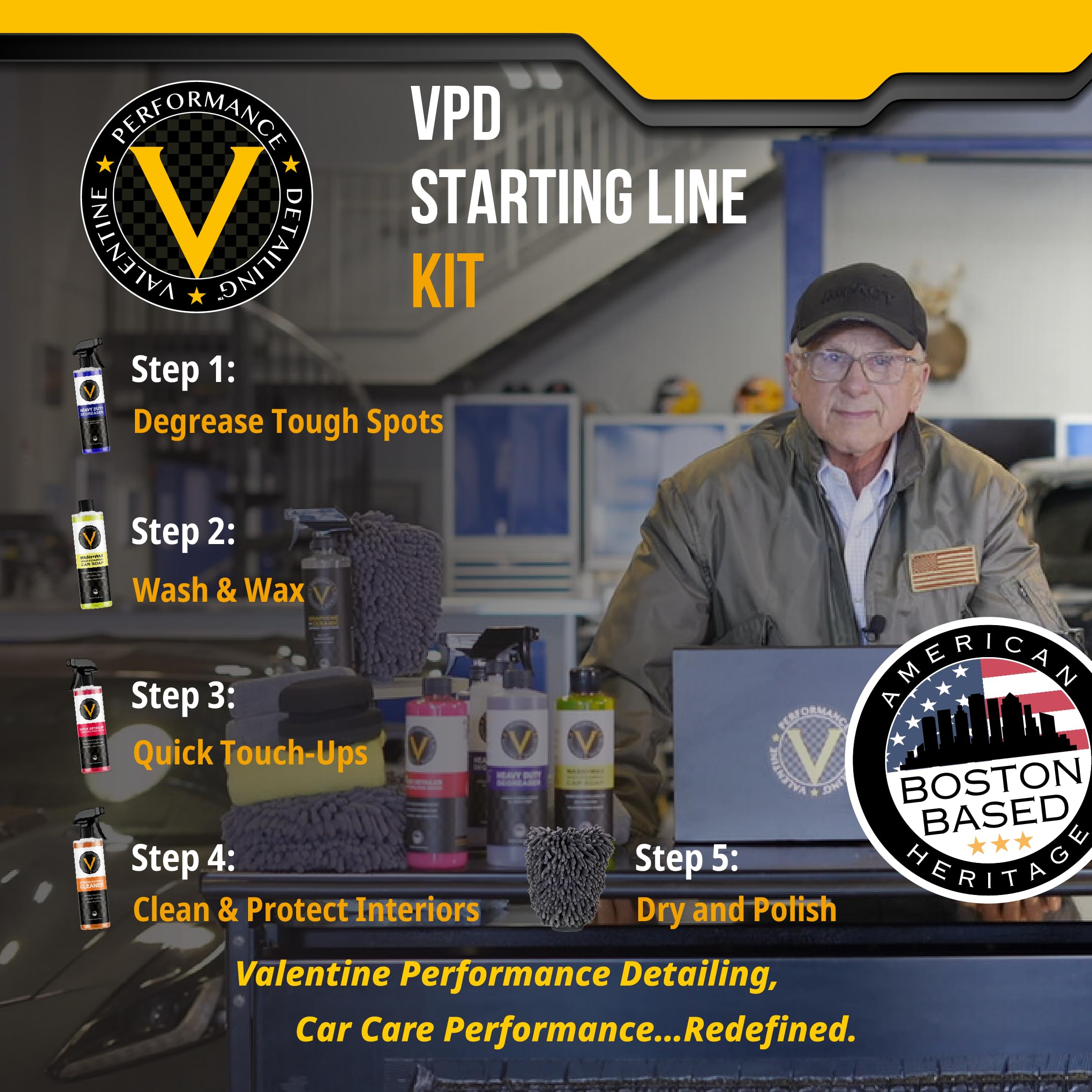 VPD Startlinien-Set – komplettes Autopflege-Set mit Hochleistungs-Fettschmierer, Wasch- und Wachs, Quick Detailer, Innen- und Außenreiniger, Gummi-Vinyl-Kunststoff-Reviver, Mikrofaser-Handtücher,