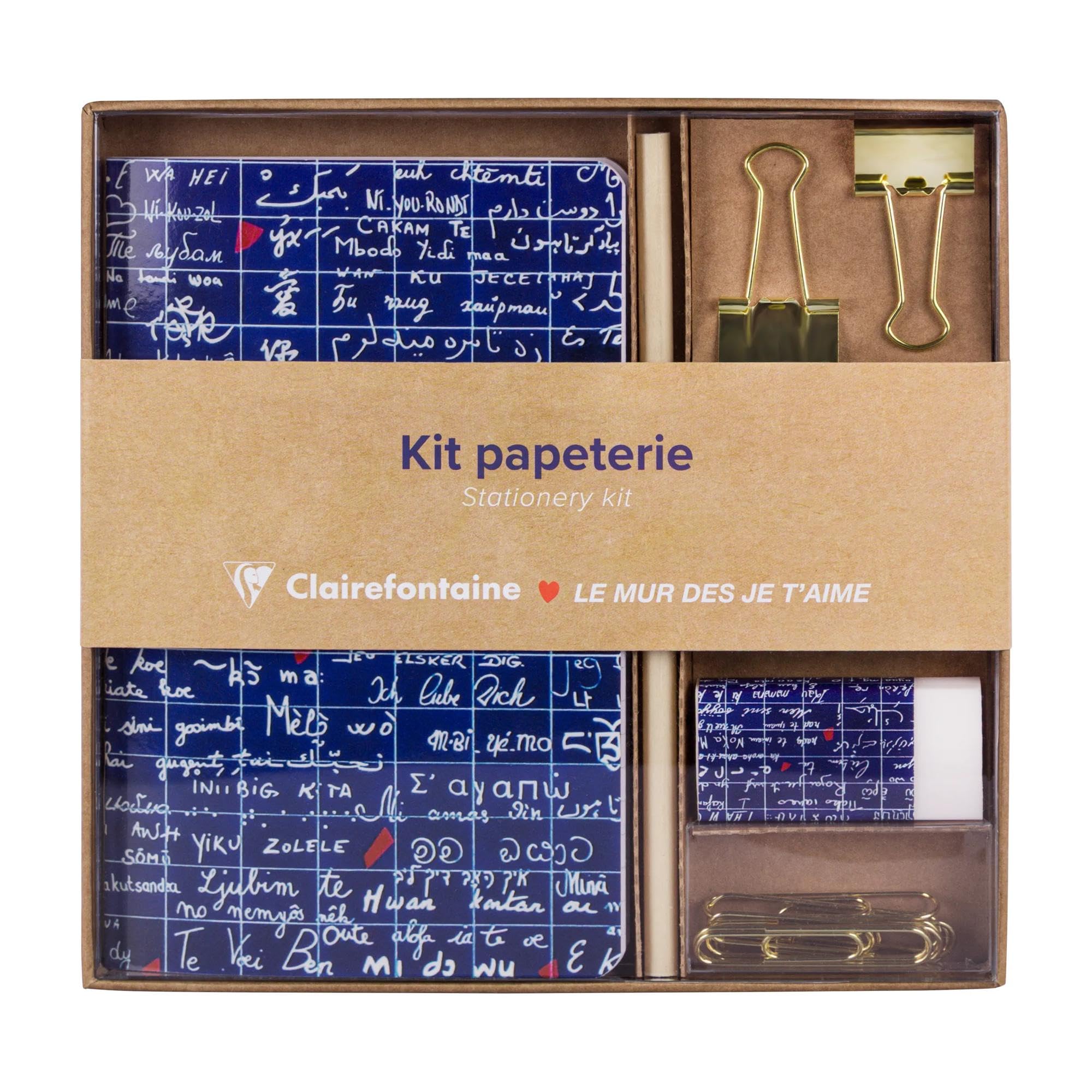 Clairefontaine 116328C - Le Mur des Je T'Aime, Kit de Papeterie contenant un carnet 11x17 cm 64 Pages lignées, un Crayon de Papier, 2 pinces Doubles-Clip, 10 Trombones et une gomme