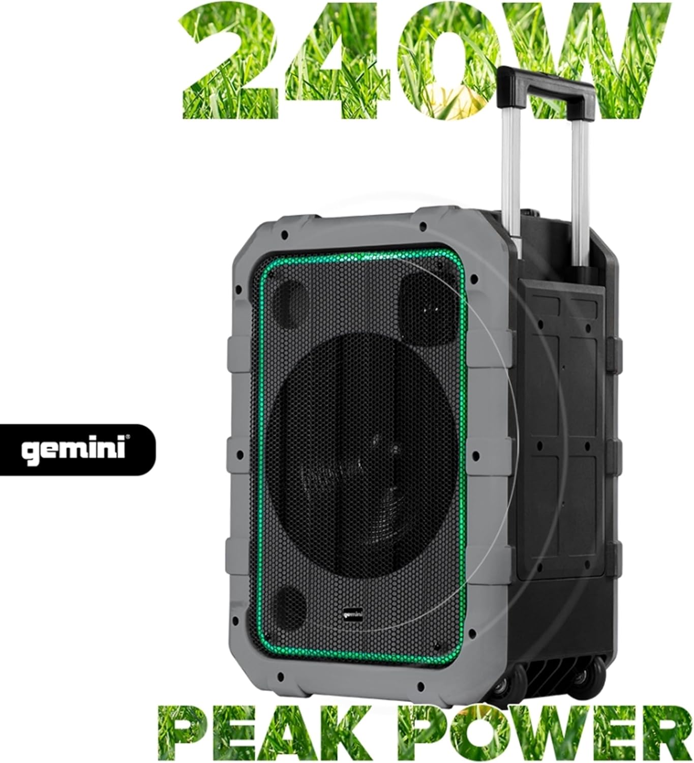 Gemini Portable Bluetooth Speaker with Wheels Party Speaker, IPX4 Water Resistant, LED Light Show, Dual Mic Inputs, Rechargeable Battery, Trolley Handle for Outdoor Events (MPA-2400) - Gray