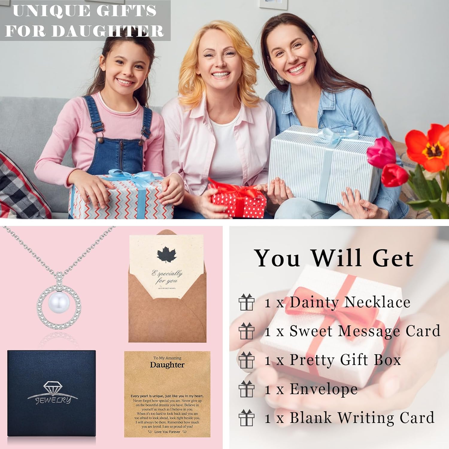 EPIRORA Gifts for Daughter Niece Sister Granddaughter, Silver Pearl Pendant Ciecle Necklace Jewellery Presents for Women Girls on Birthday Christmas Mother's Day Valentines Day - Image 5