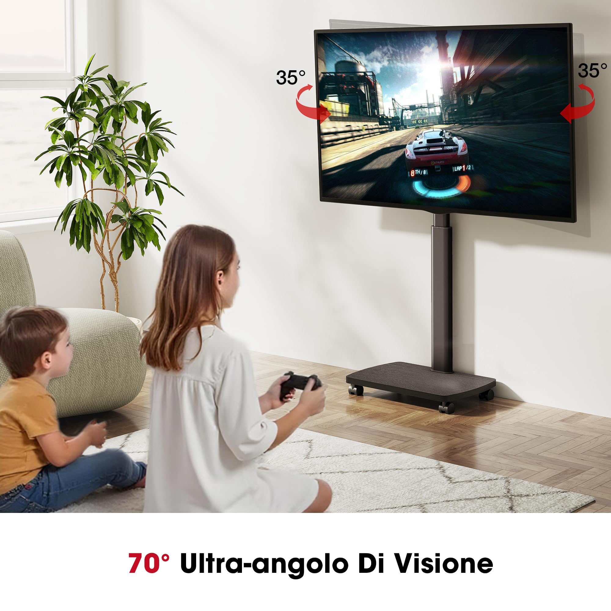 AOKCOS Supporto TV da Pavimento Orizzontale e Verticale per 19-42 Pollici, Carrello Porta TV con Ruote Base in Legno, Inclinazione & Girevole, fino a 20 kg max. VESA 200×200 mm Nero
