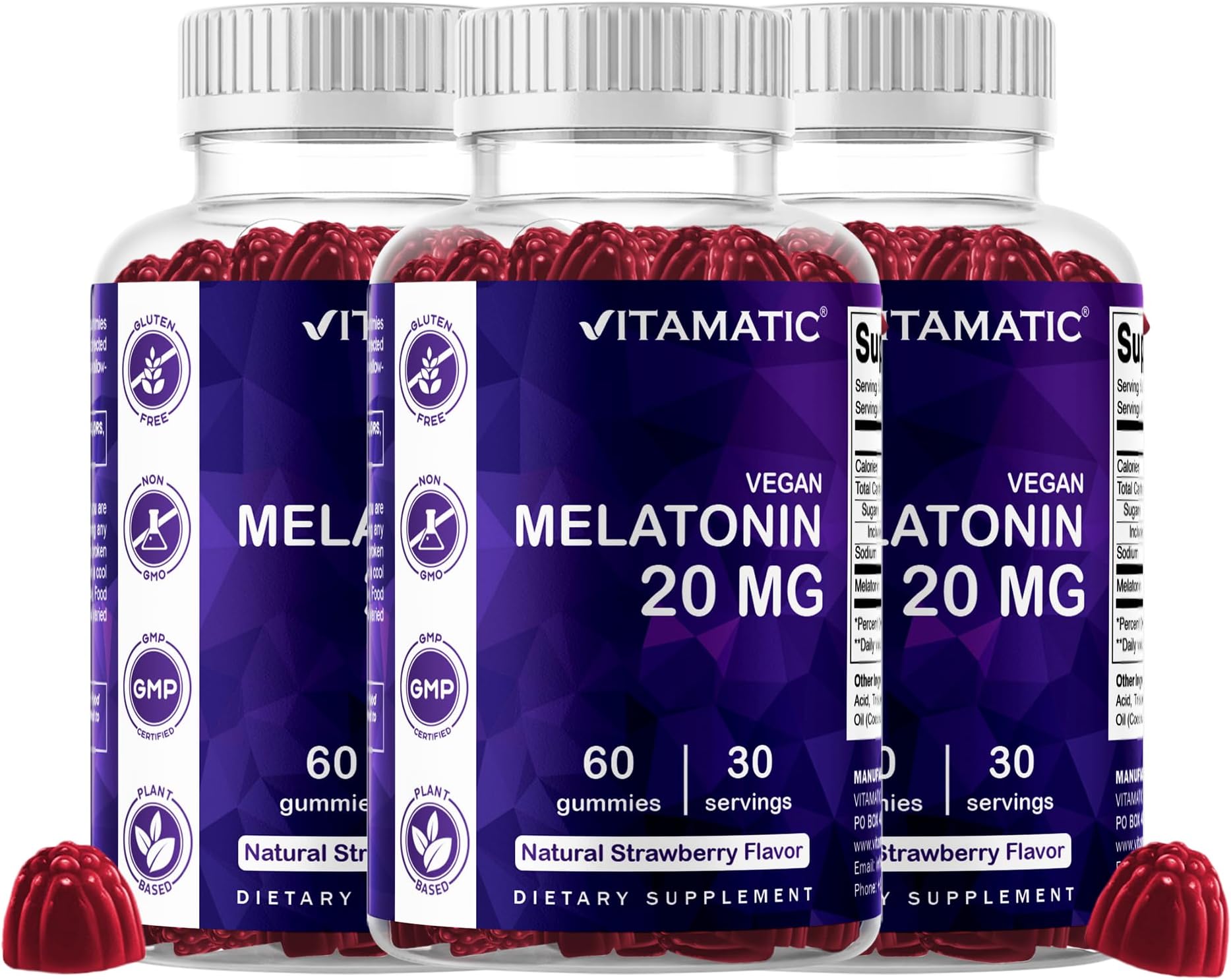 Melatonin 20 mg Gummies for Adults, 3, Pack, 30 Servings - 60 Vegetarian Gummies Each - Non-Habit Forming Supplement, 90 Servings 180 Vegetarian Gummies Total