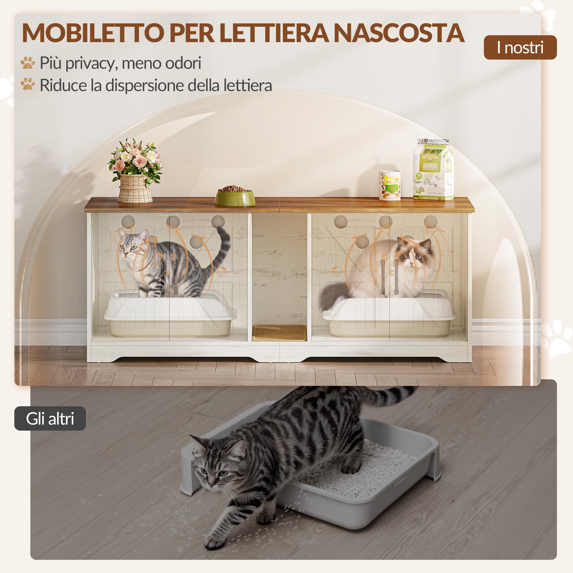 Mobile Lettiera per Gatti per 2 Gatti, Mobiletto per Lettiera Nascosta, Cuccia per Gatto da Interno, Legno Tavolino Laterale con Tappetino Graffiante, 140 x 50 x 55 cm, Marrone e Bianco