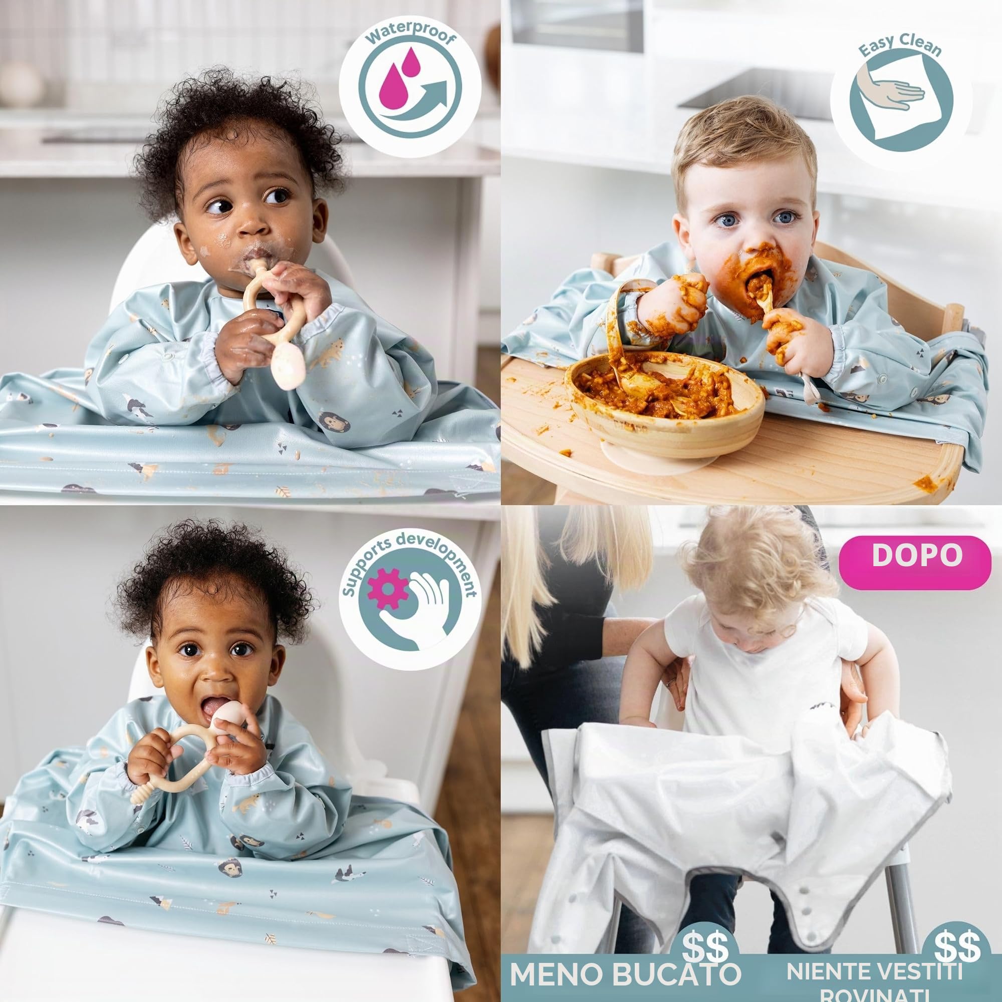 BIBaDO - 2 Pack Coverall Baby Feeding Bib, Easy to Clean Baby Bibs for Eating, Adjustable High Chair Catch All, Long Sleeve Bibs for Babies
