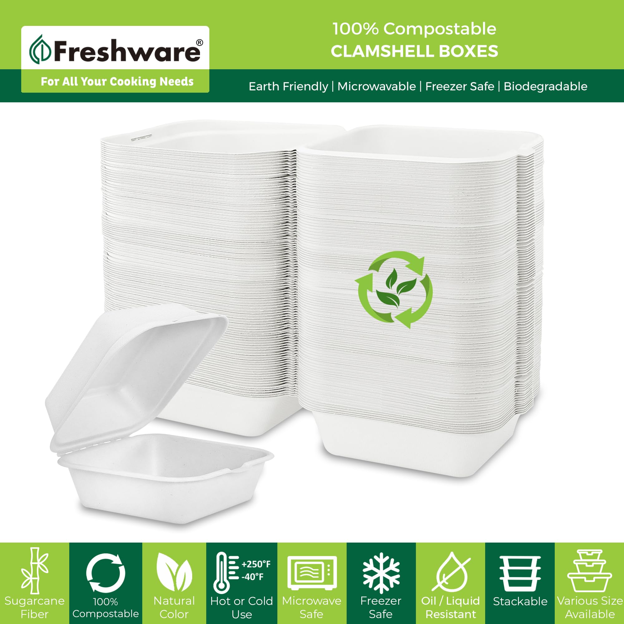 Freshware Kompostierbare Frischhaltedosen mit Klappdeckel, 15,2 x 15,2 cm, 500 Stück, biologisch abbaubare Zuckerrohr-to-Go-Boxen, robuste Papierbehälter, mikrowellen- und gefriergeeignet, stapelbar