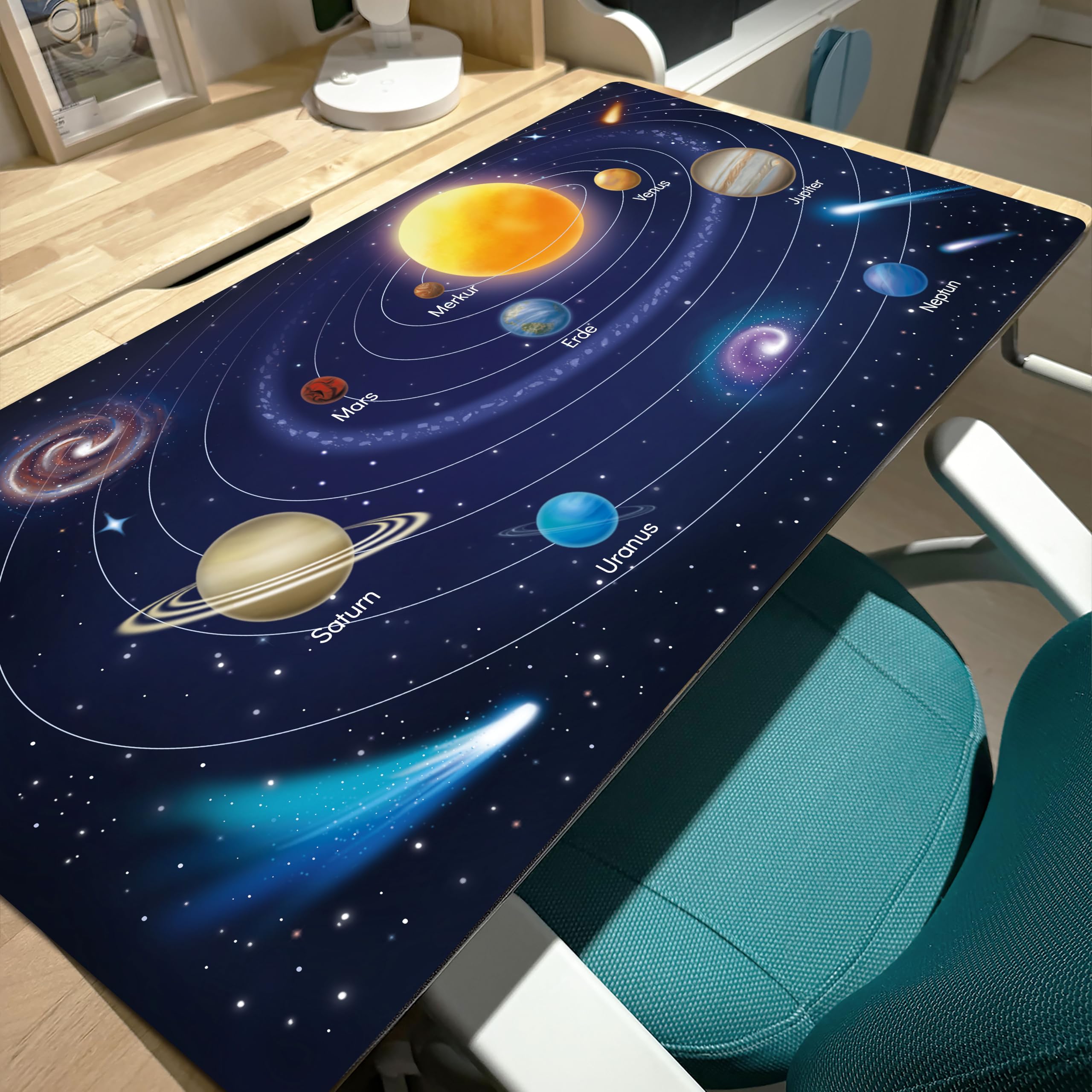 Sottomano da scrivania per bambini – Pianeti del sistema solare – 70 x 40 cm – Sottomano doppio lato in pelle PU – Sottomano lavabile e morbido