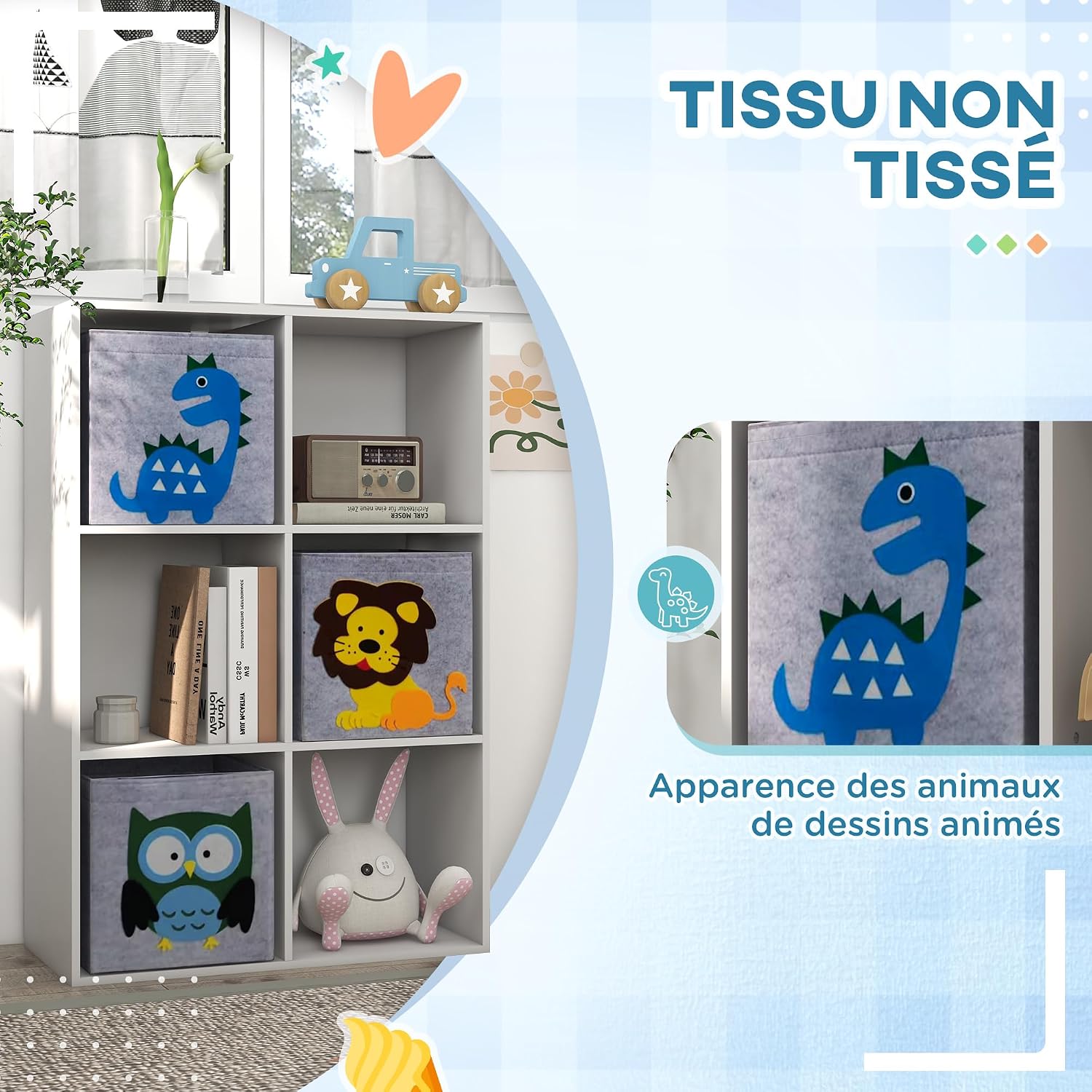 Kids Storage Furniture Shelves Kids Room Bookcase 6 Compartments 3 Cube Animal Fabric Baskets for Playroom Nursery 62 x 30 x 91.5 cm White