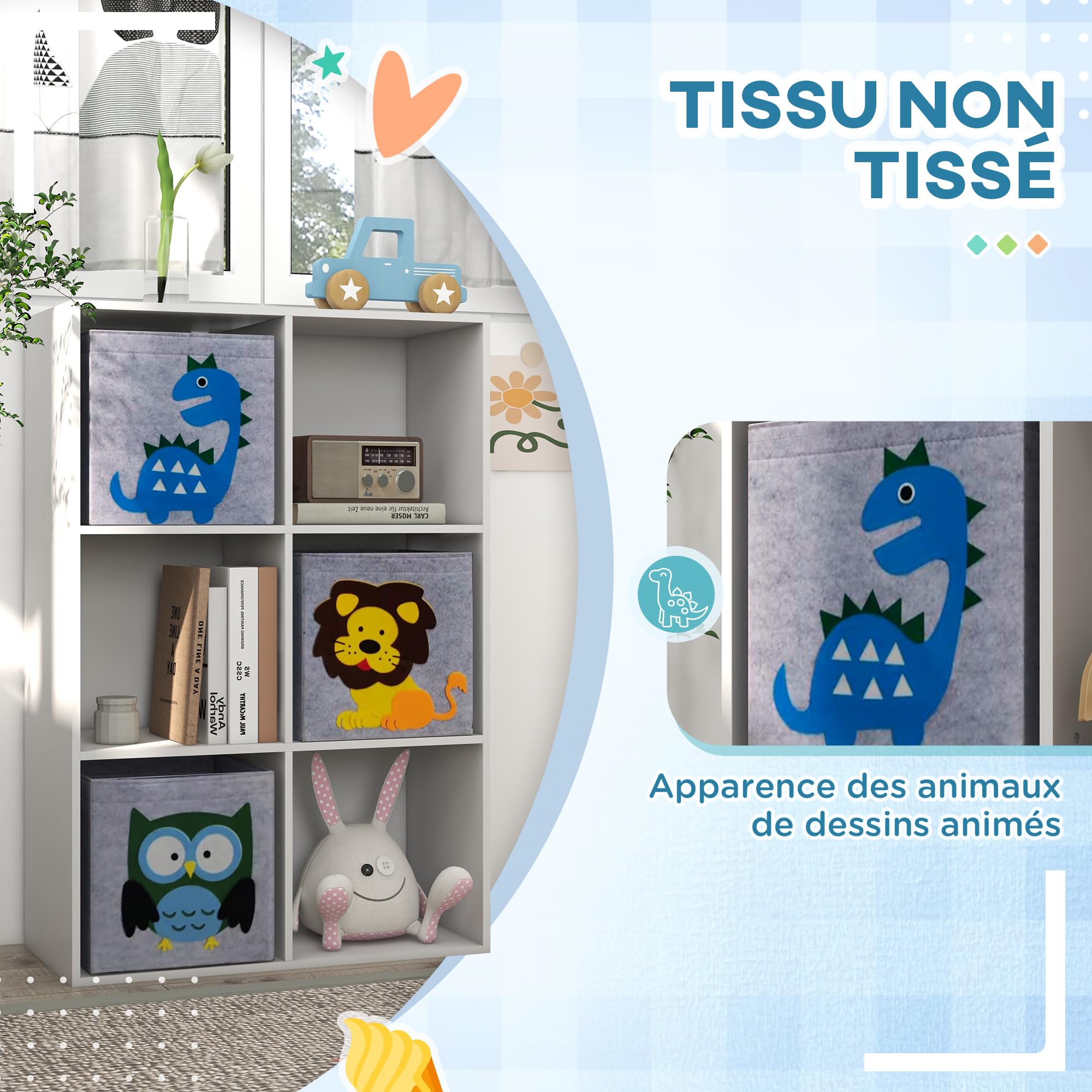 ZONEKIZ Meuble de Rangement pour Enfant, étagère pour Chambre d'enfants, bibliothèque, 6 Cases, 3 Cubes paniers en Tissu Motif Animaux pour Salle de Jeux, 62 x 30 x 91,5 cm, Blanc