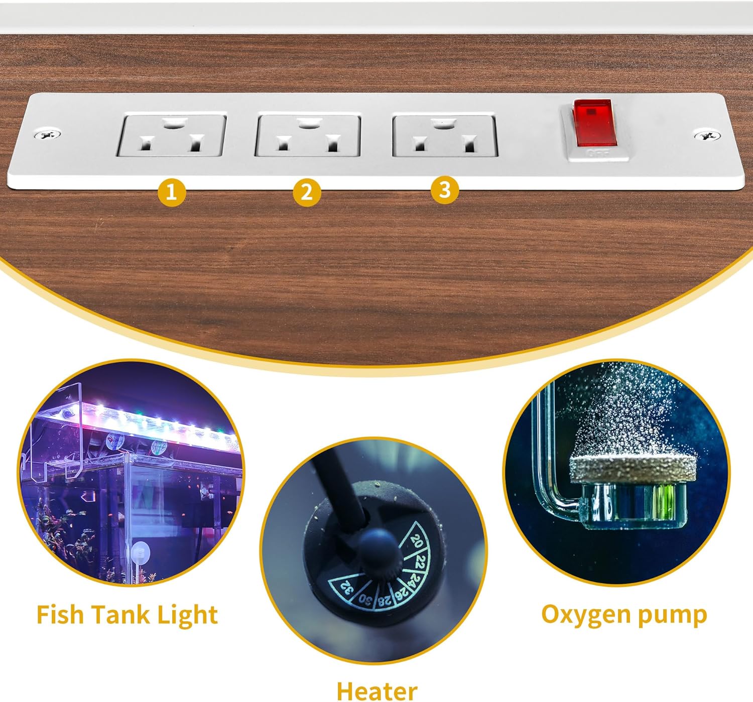 Avvicinamento view of the integrated power outlet with three AC sockets and a red power switch. Below are examples of devices like a fish tank light, heater, and oxygen pump.