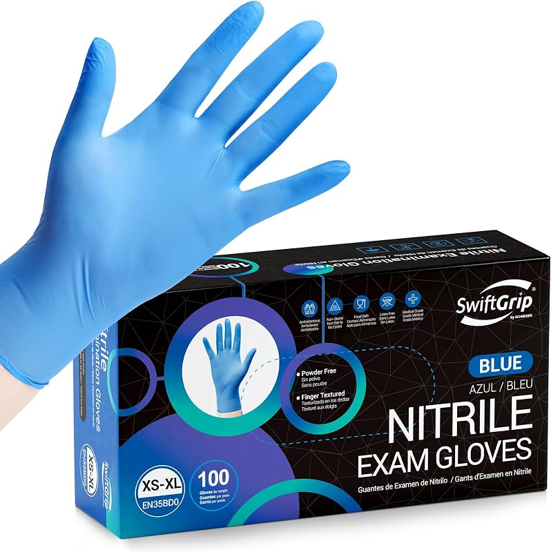 SwiftGrip Guantes desechables de nitrilo para examen, azules, sin látex, guantes médicos para limpieza, aptos para alimentos, sin polvo, no estériles