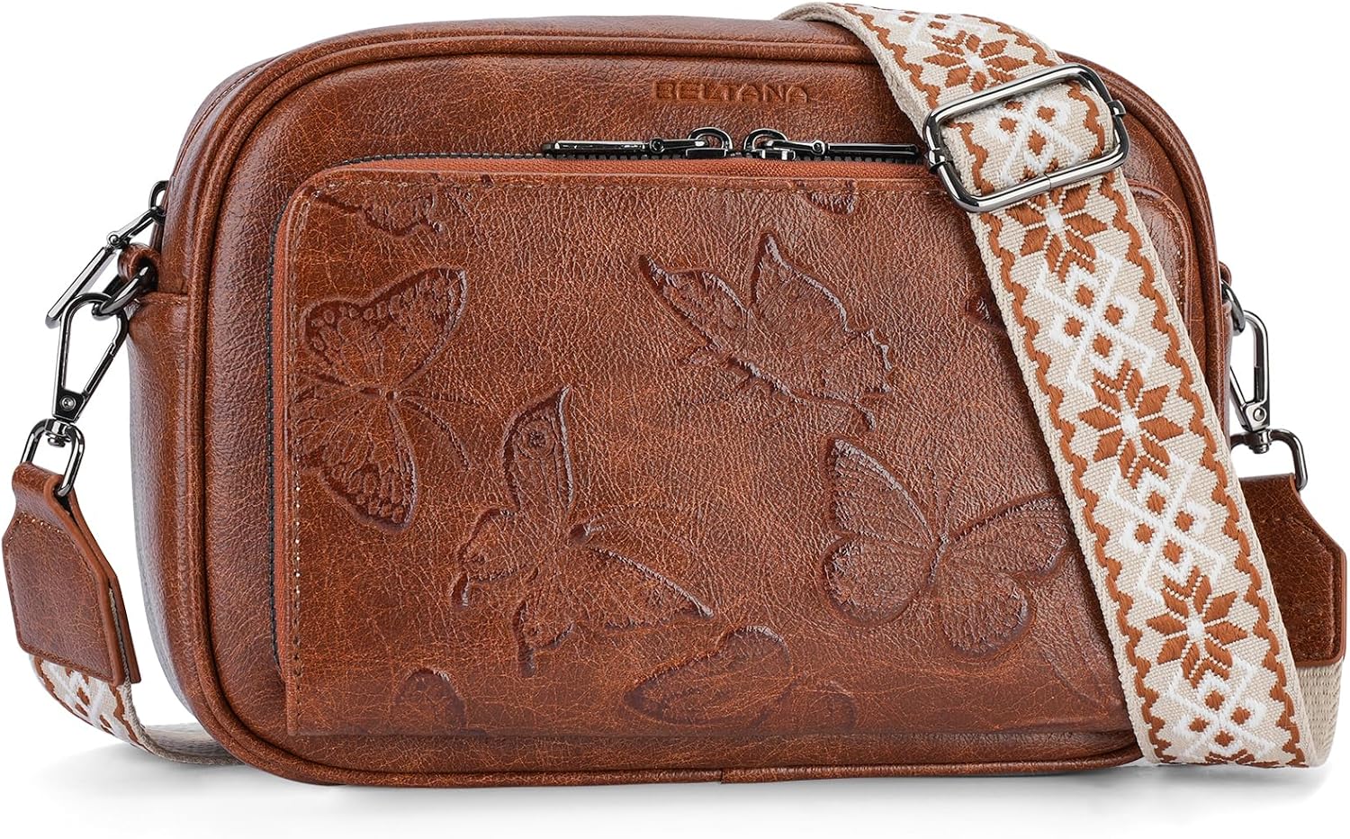 BELTANA Women’s Vegan Leather Crossbody Purse with Built in Wallet, Butterfly Trendy Shoulder Handbag with Adjustable Strap | Smooth Zipper, RFID Blocking, Multiple Pockets, Anti Theft, Gift, Travel