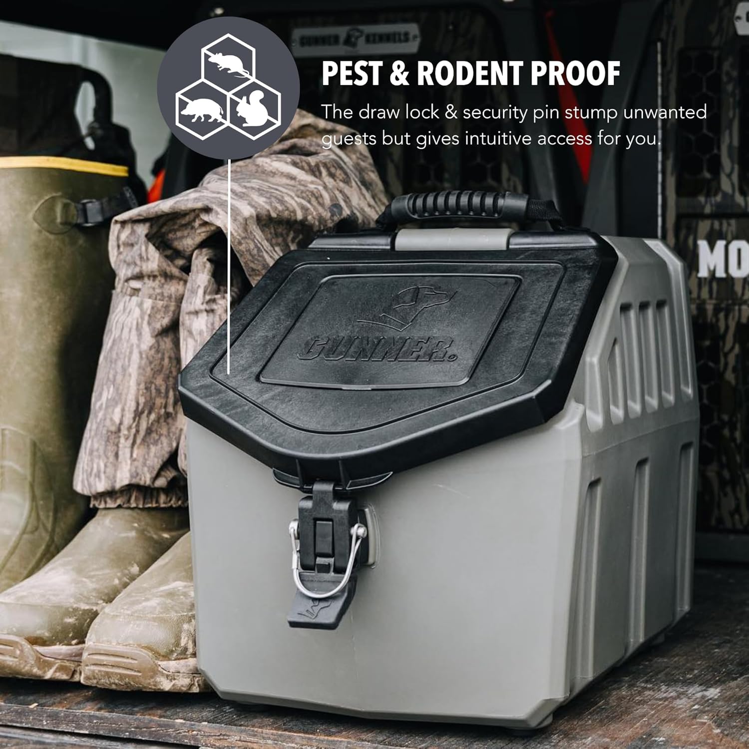 GUNNER 30 lbs Dog Food Storage Container - Waterproof & Airtight Dog Food Bin - Multi-Purpose Pet Meal Bin for Dry Feed, Corn, Chicken Feed, Pet treats, Bird Seed, & More - Gunmetal