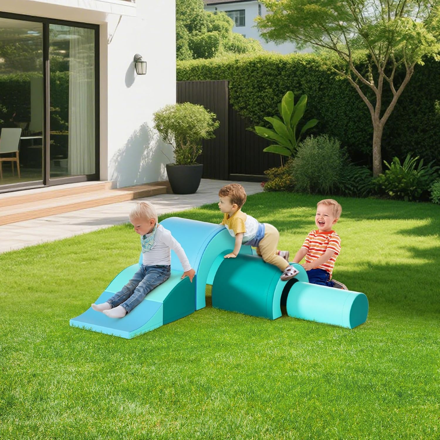 5-teiliges weiches Baby-Krabbelset mit Tunnel und Rutsche, Motorikspielzeug ab 1 Jahr, bunte Bausteine (Schnecken-Design) aus hochdichtem Schaumstoff, sicher und leicht, fördert Kreativität & Bewegung