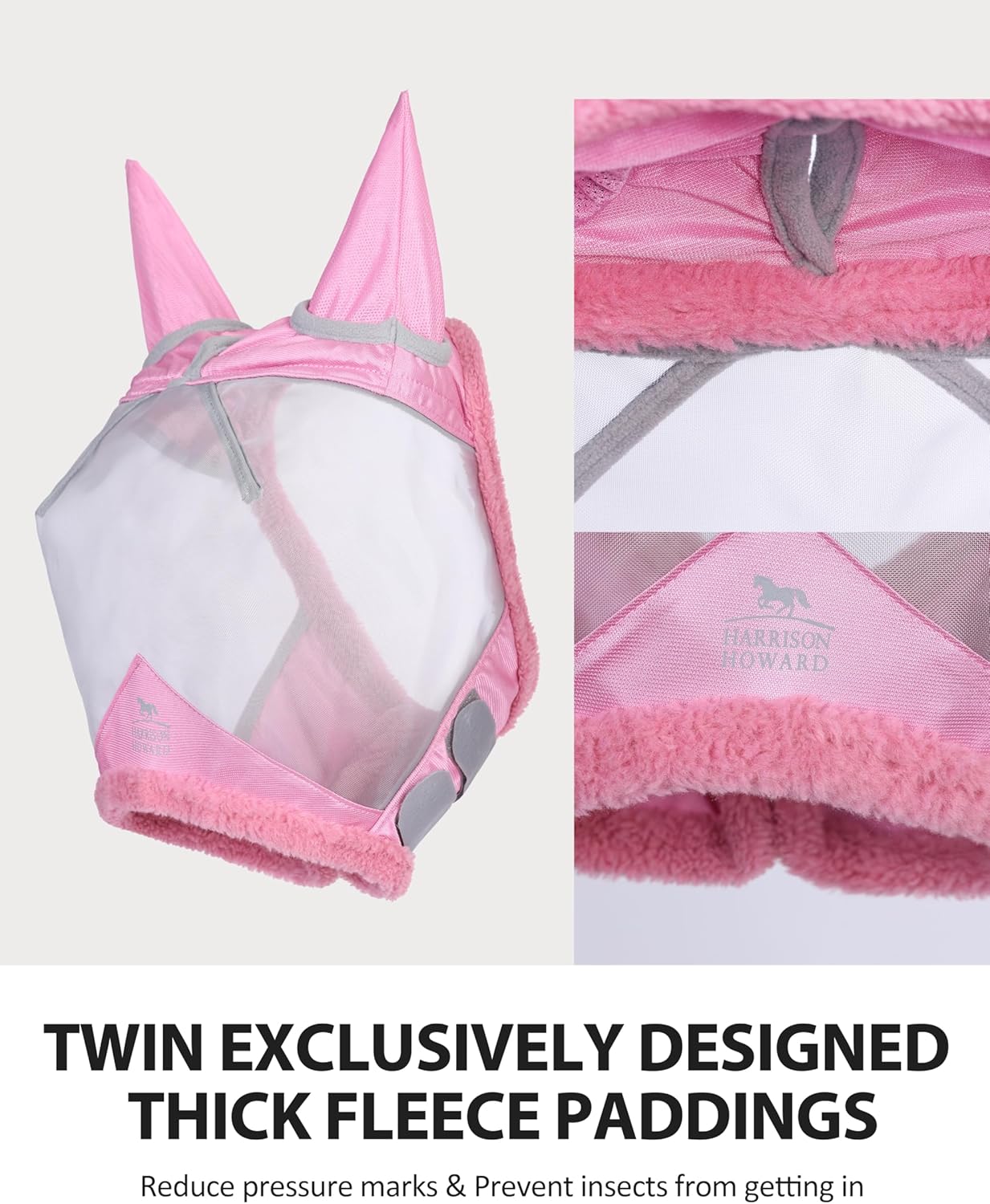 Harrison Howard CareMaster Horse Fly Mask UV Protective Fine Mesh with Extra Wool Soft Touch on Skin Light Pink L