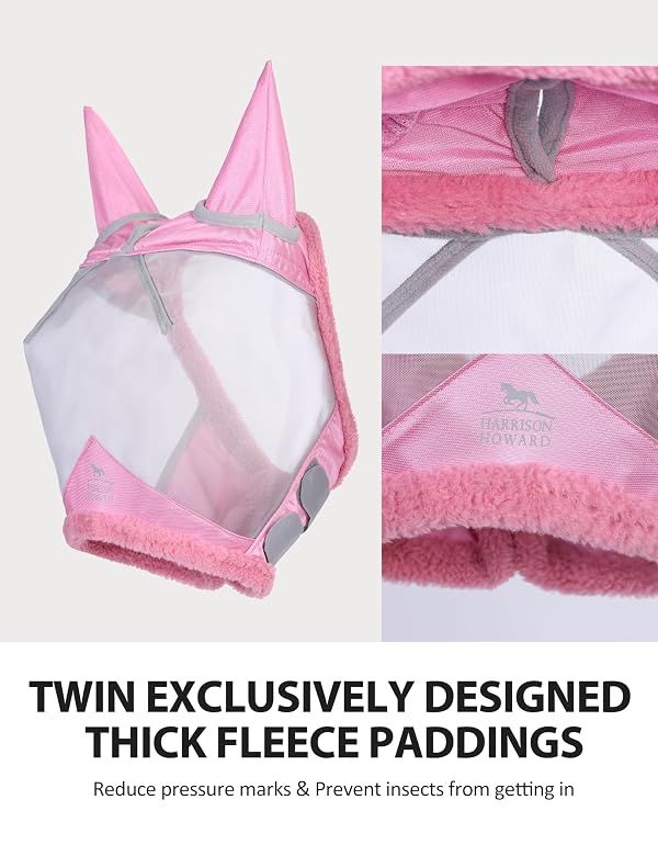 Harrison Howard CareMaster Horse Fly Mask UV Protective Fine Mesh with Extra Wool Soft Touch on Skin Light Pink-Silver L by Harrison Howard - Image 4