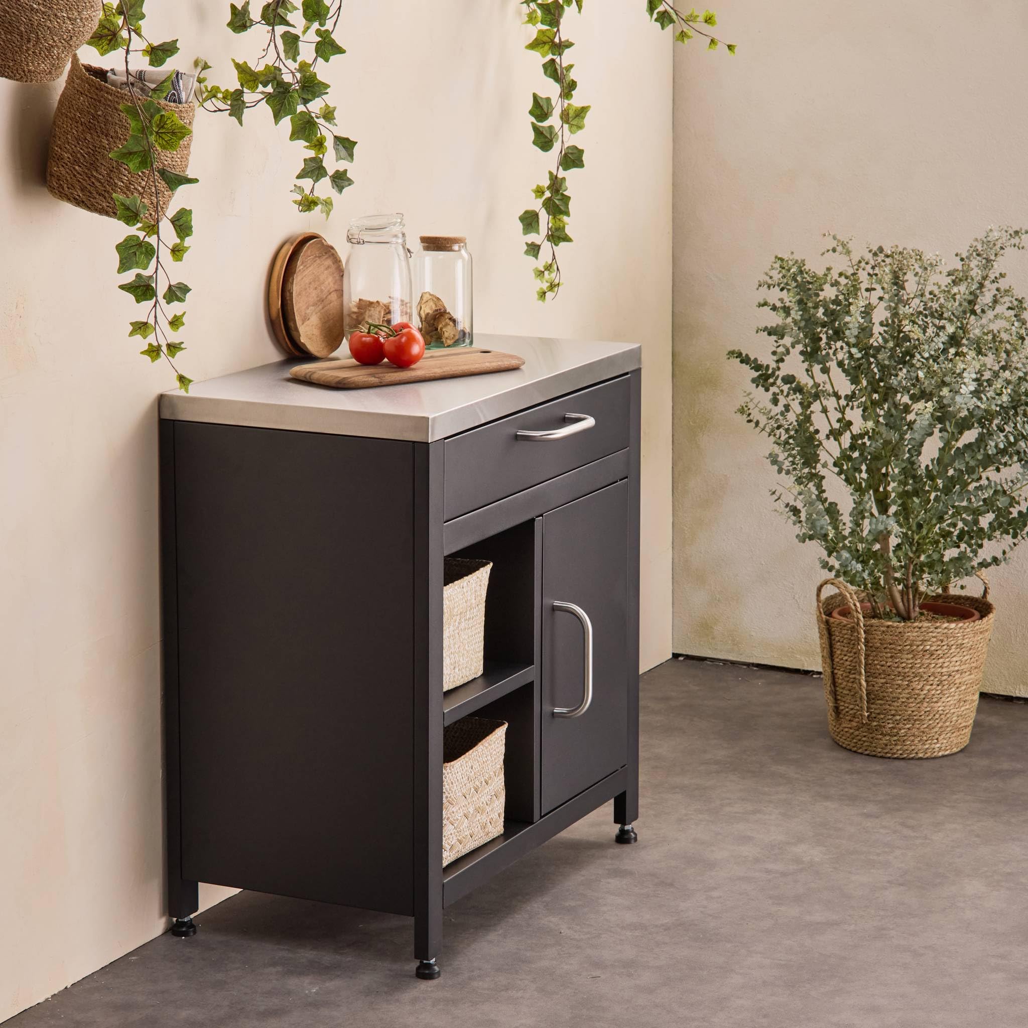 sweeek - Meuble de cuisine extérieure en acier L80cm avec 1 tiroir. 1 porte et 2 étagères de rangement
