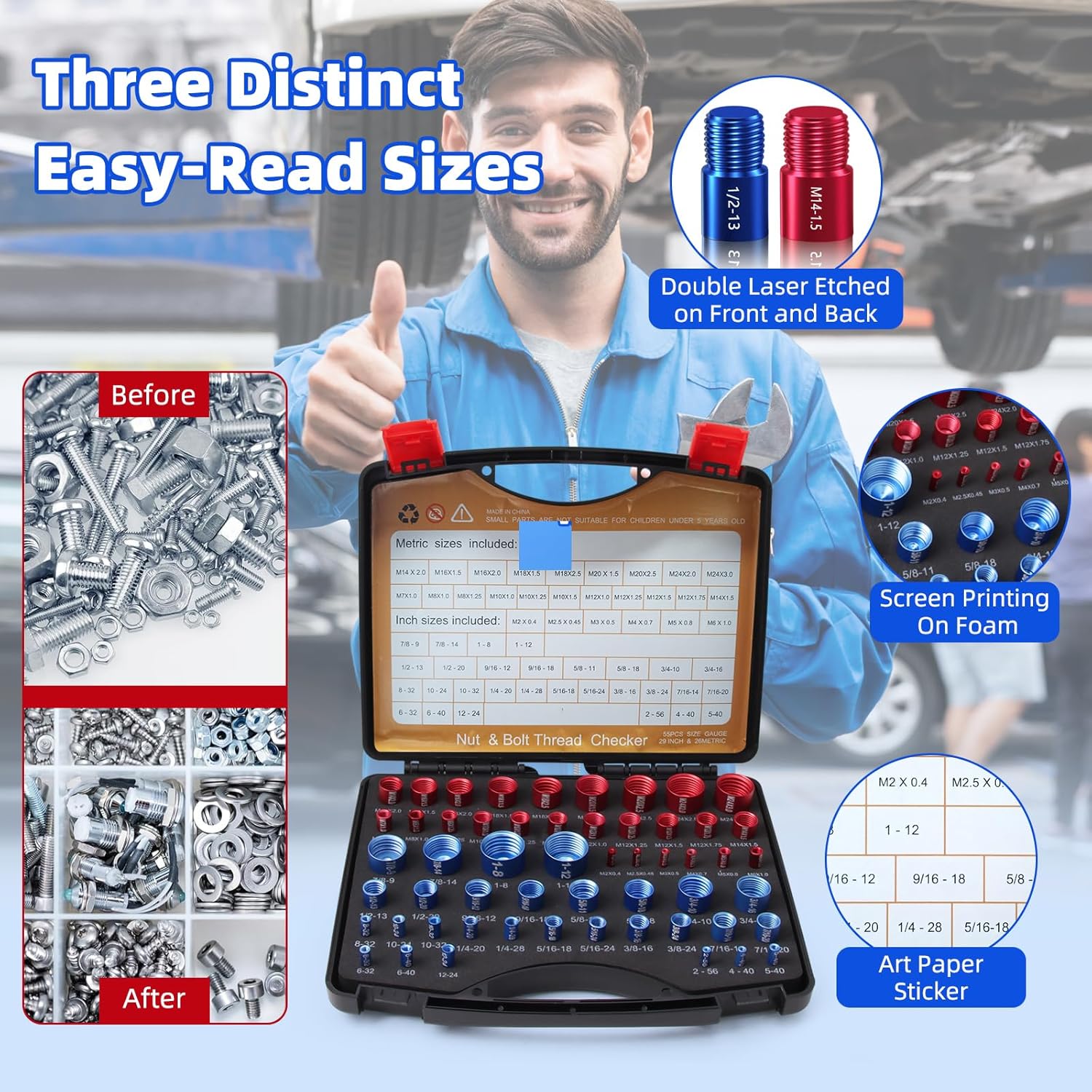 Thread Checker Set (55-Piece), Detachable Nut & Bolt Size Finder with Color-Coded Gauges, Bolt and nut Sizer, Ideal Gift for Mechanics, car Enthusiasts, DIYers, and Home Tool Kits