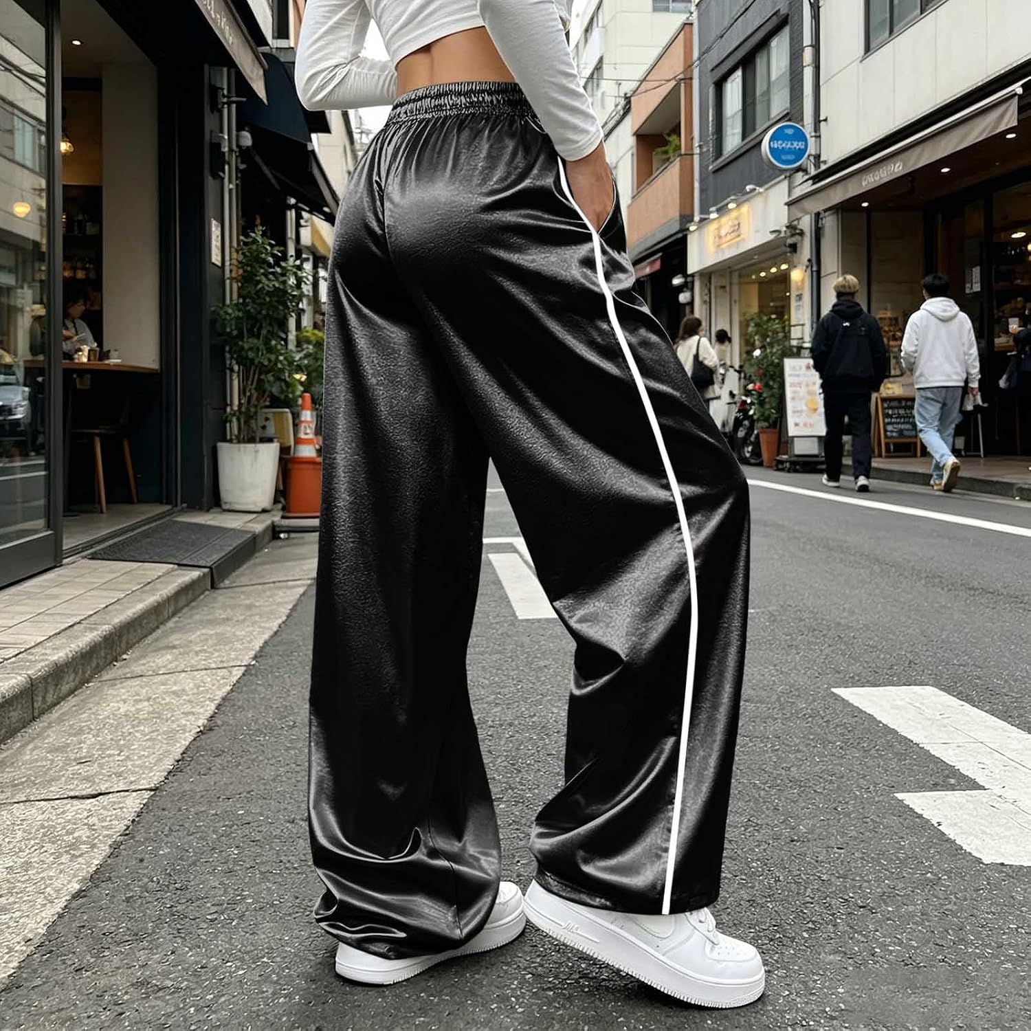 Women's Satin Wide Leg Track Pants Drawstring Elastic High Waist Side Stripe Detail Silky Sweatpants Long Trousers