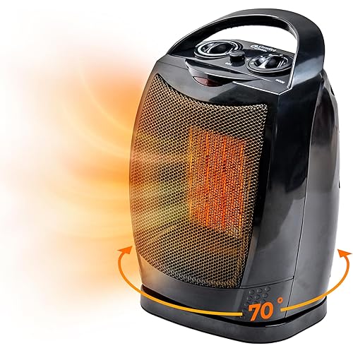 Comfort Zone 1500W Portable Ceramic Space Heater, Fan-Forced, 70° Oscillation, Adjustable Thermostat, 3 Heat Settings + Fan Mode, Small Room Heater, Overheat & Tip-Over Protection, Black