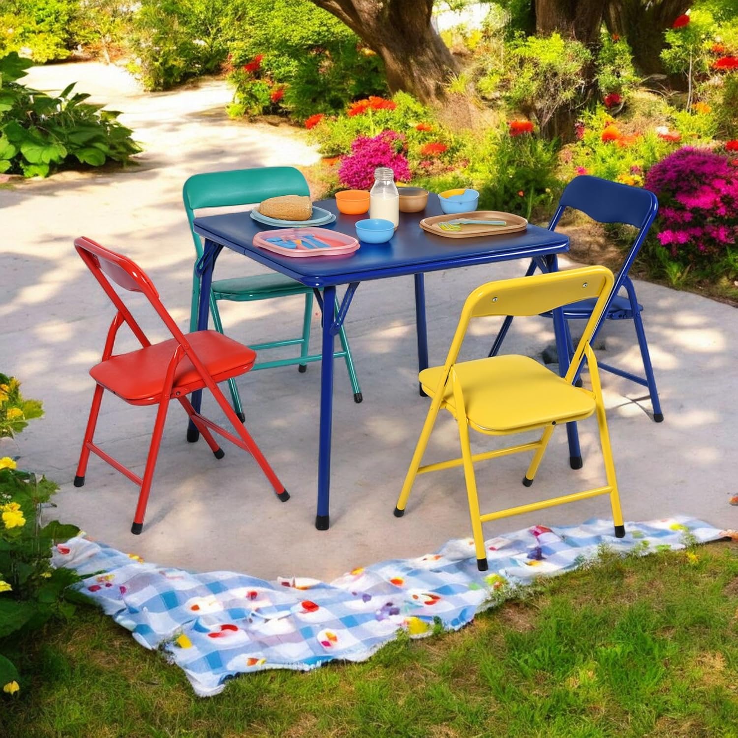 Homy Casa Set of 5 Student Folding Table and Chairs Set with Rounded Edge Protection and Non-Slip Foot Pads for Outdoor Picnic, Camping, and BBQ(Blue 5PK)
