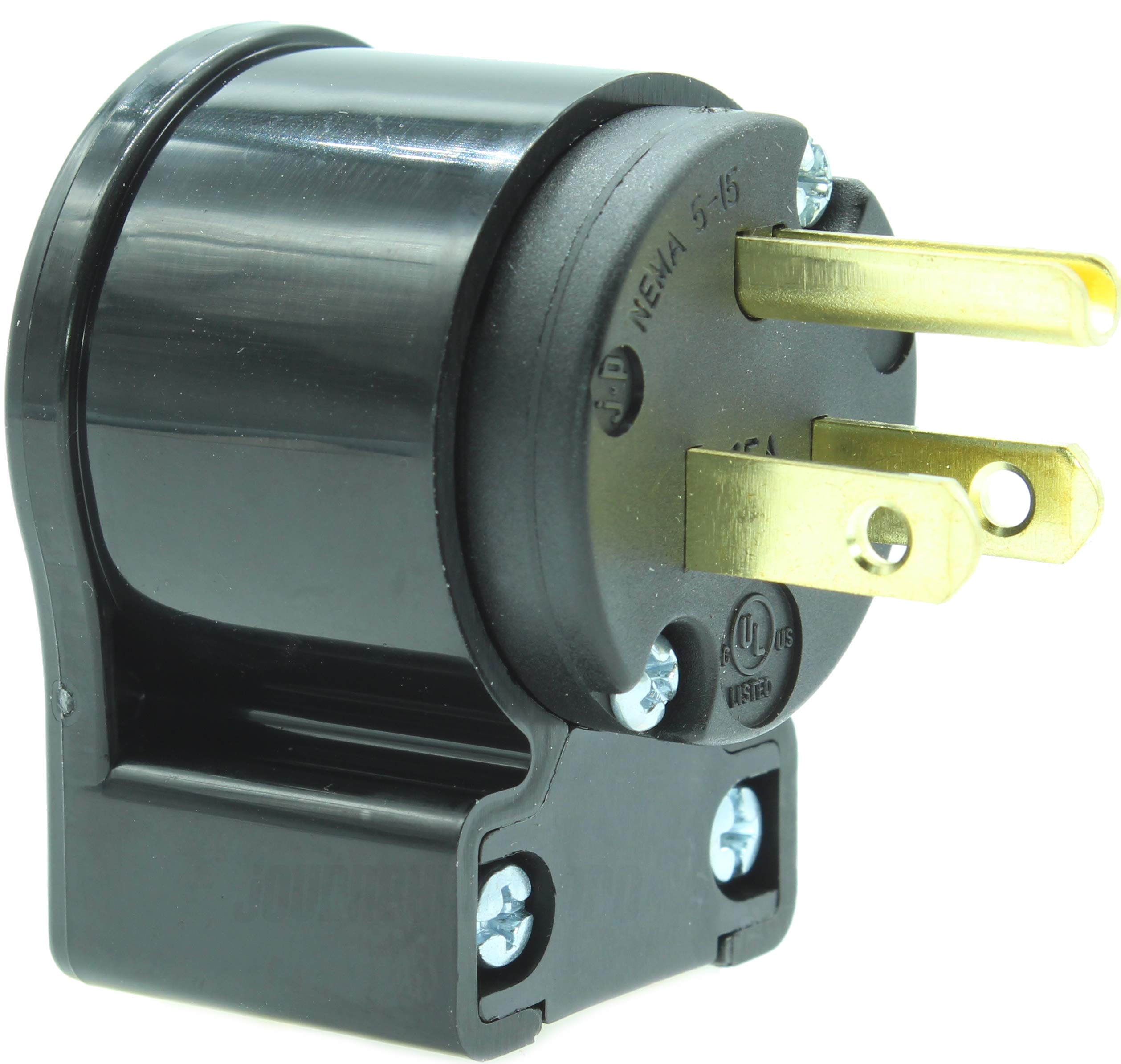 Journeyman-Pro515AN 15 Amp 120V 125 Volt, NEMA 5-15P, 2Pole 3Wire, Straight Blade, 90 Degree Right Angle Male Plug Extension Cord Replacement Connector End, Commercial Grade 15A (Black 10-Pack)