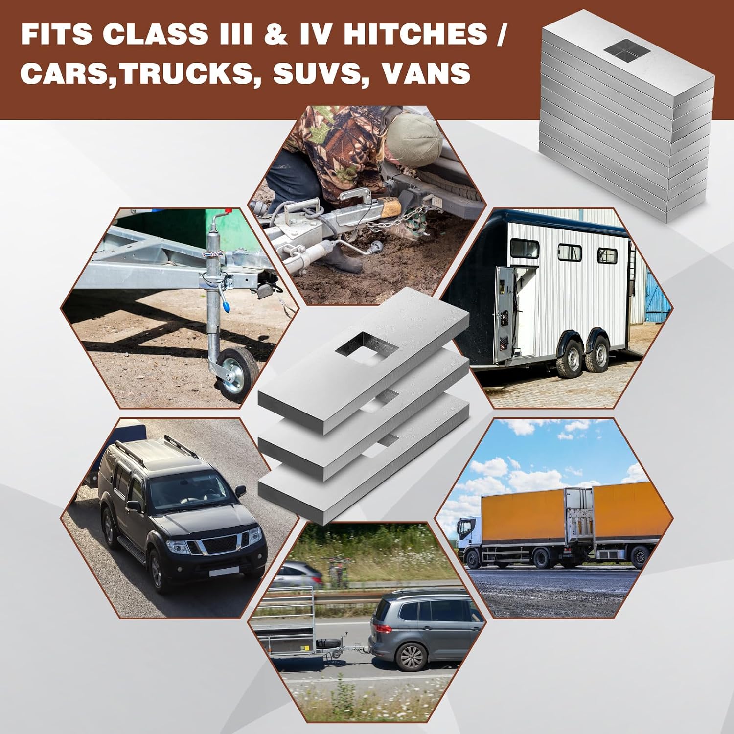Hicarer 12 Pcs Trailer Hitch Block Plate Spacer Kit 3" x 1" Galvanized Carbon Steel Blocks 9/16" Hole Dia, 1/4" Thickness Hook Block Plate Spacer for SUV Pickup Rv Stabilizers