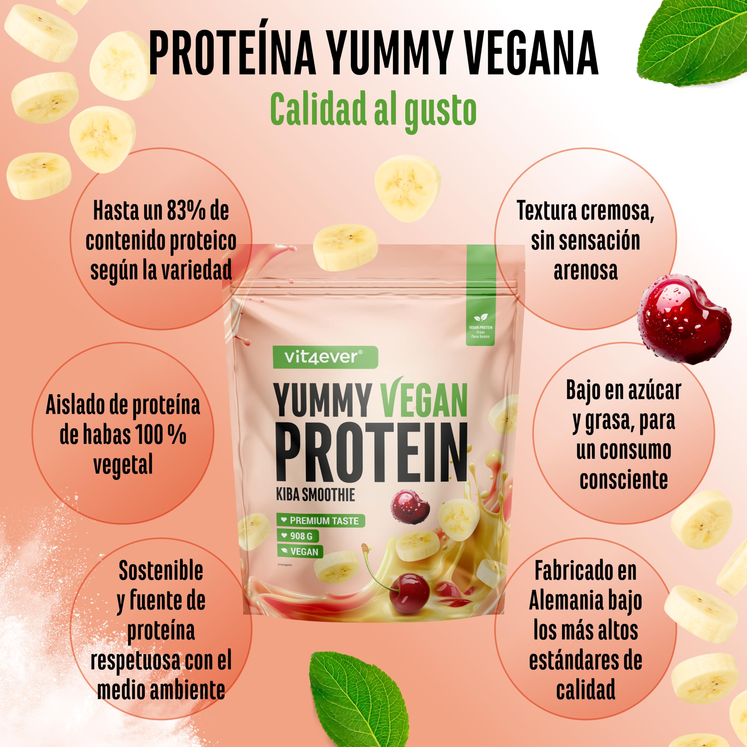 Yummy Vegan Protein Kiba Smoothie – Batido proteico vegetal con 24,3 g de proteína por porción a partir de aislado de haba (fava) con BCAA y aminoácidos – 908 g