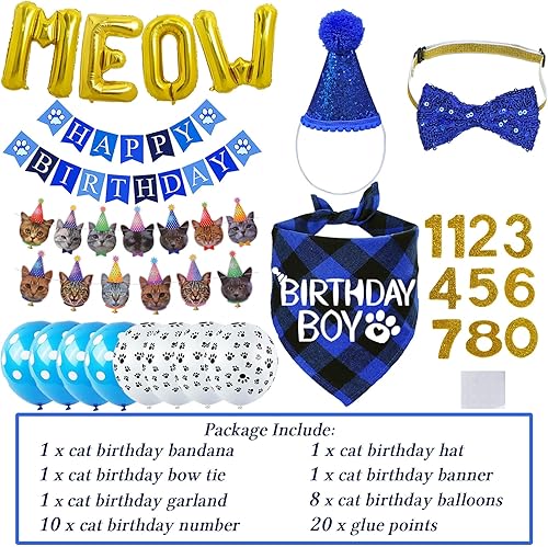 Vista 17 de STMK Decoraciones de cumpleaños de gato, sombrero de cumpleaños de gato con número, bandana, cuello de lazo para gatos, ropa de gatitos, trajes