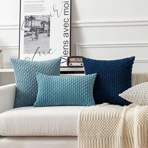 Vista 369 de Kevin Textile - Juego de 2 fundas decorativas cuadradas para cojines, de pana suave y con moderno estilo campestre bohemio a rayas para decorar Óxido