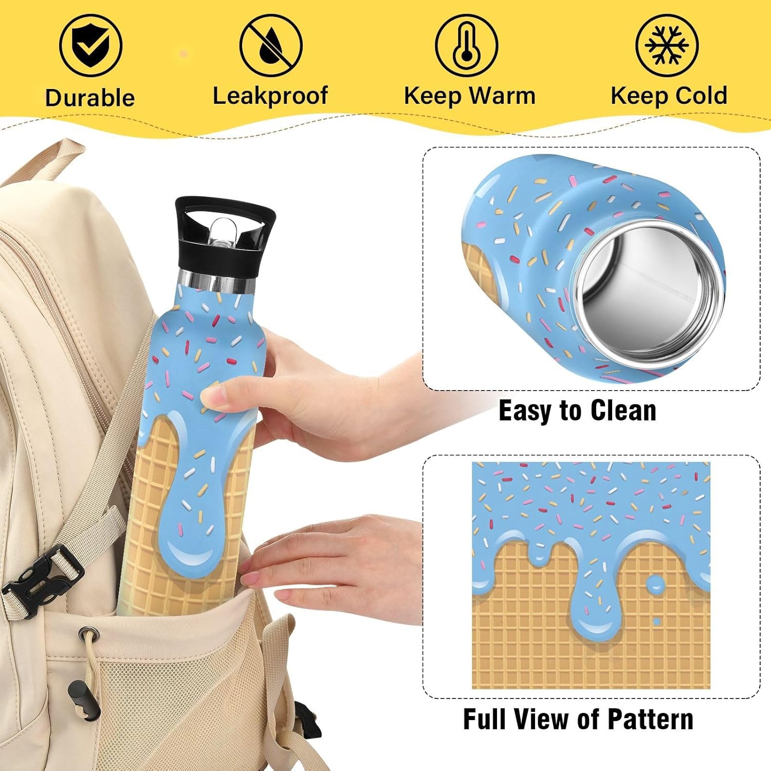 Blue Ice Cream Drip Water Bottles for Boys Kids Stainless Steel Bottle Cups with Straw Lid Leakproof Insulated Flask Jug 20 oz