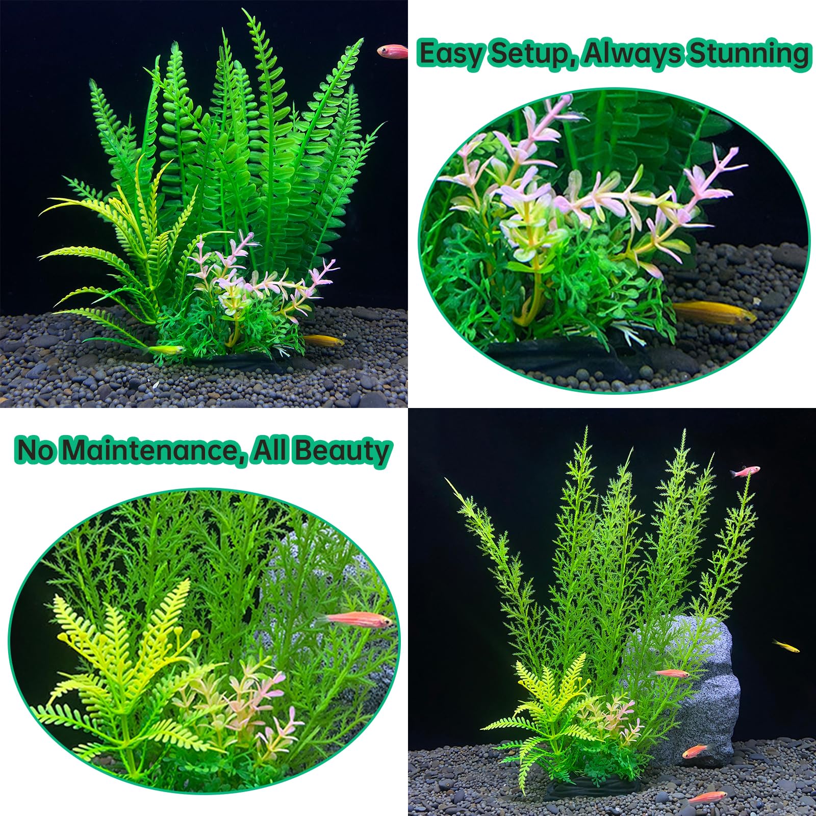 4pcs Plantes Artificielles pour Aquarium, Grandes Plantes Vertes en Plastique, Décoration d'Aquarium avec Base en PVC, 2x28cm et 2x18cm