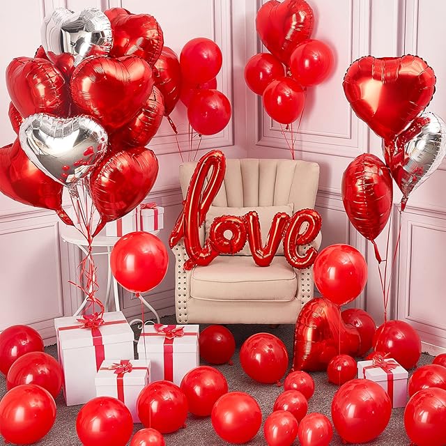 PartyWoo Valentines Balloons, 50 pcs Valentine Decorations, Love Balloons, Heart Balloons, Red Ribbons, Red Balloons for Valentines Day Decorations, Valentines Day Decor, Valentines Decor
