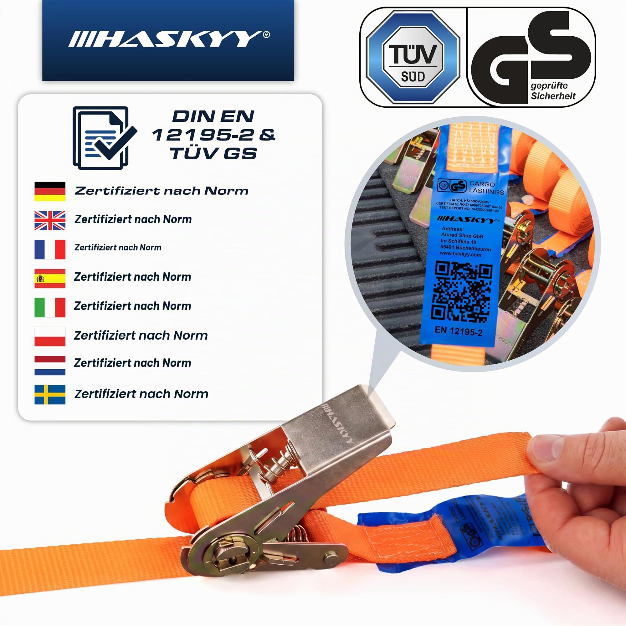 HASKYY 10x Spanngurte mit Ratsche 800 kg I 5m*27mm I TÜV/GS I DIN EN 12195-2 I Zurrgurte Ratschengurte Befestigungsriemen - Image 2